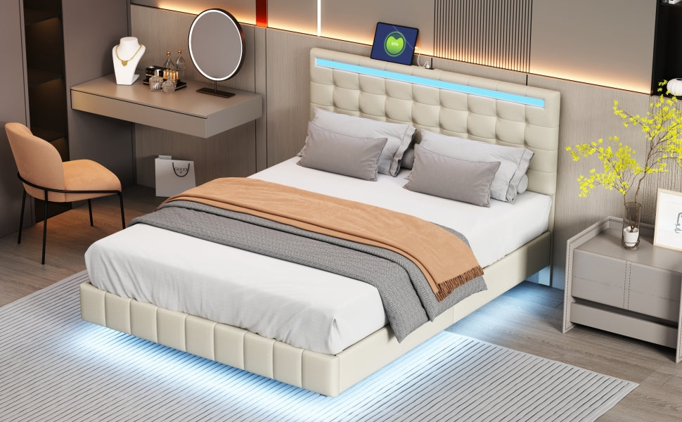 Upholstered Bed, 140x200cm Floating Frame with LED Lights & Headboard, Beige Linen