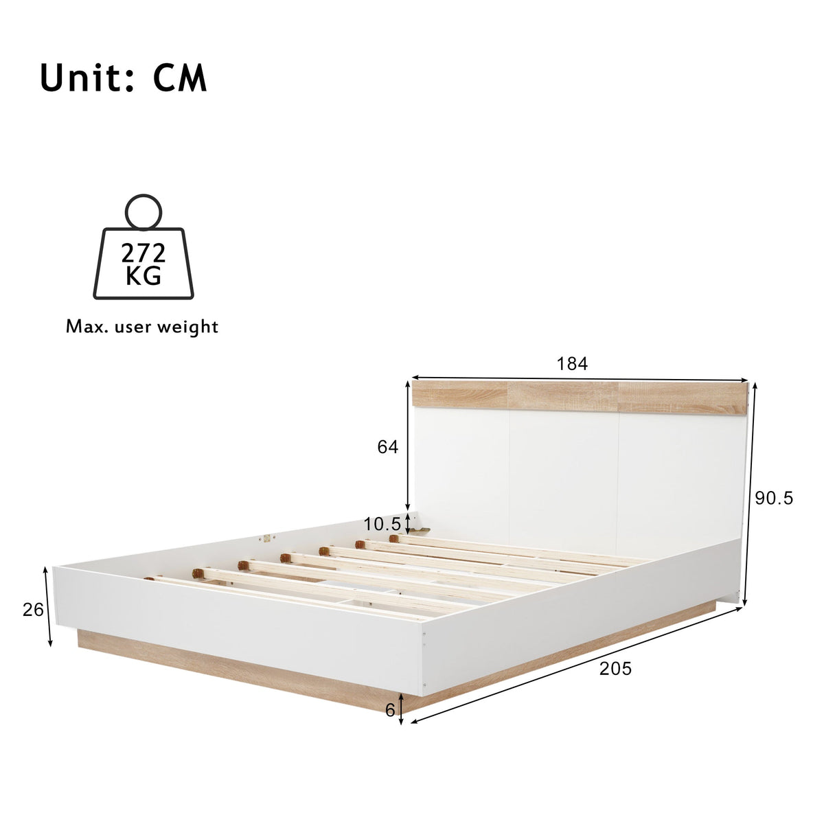 Double Wooden Bed, Floating Headboard Slatted Base 205x184x90.5cm, Sonoma Oak/White