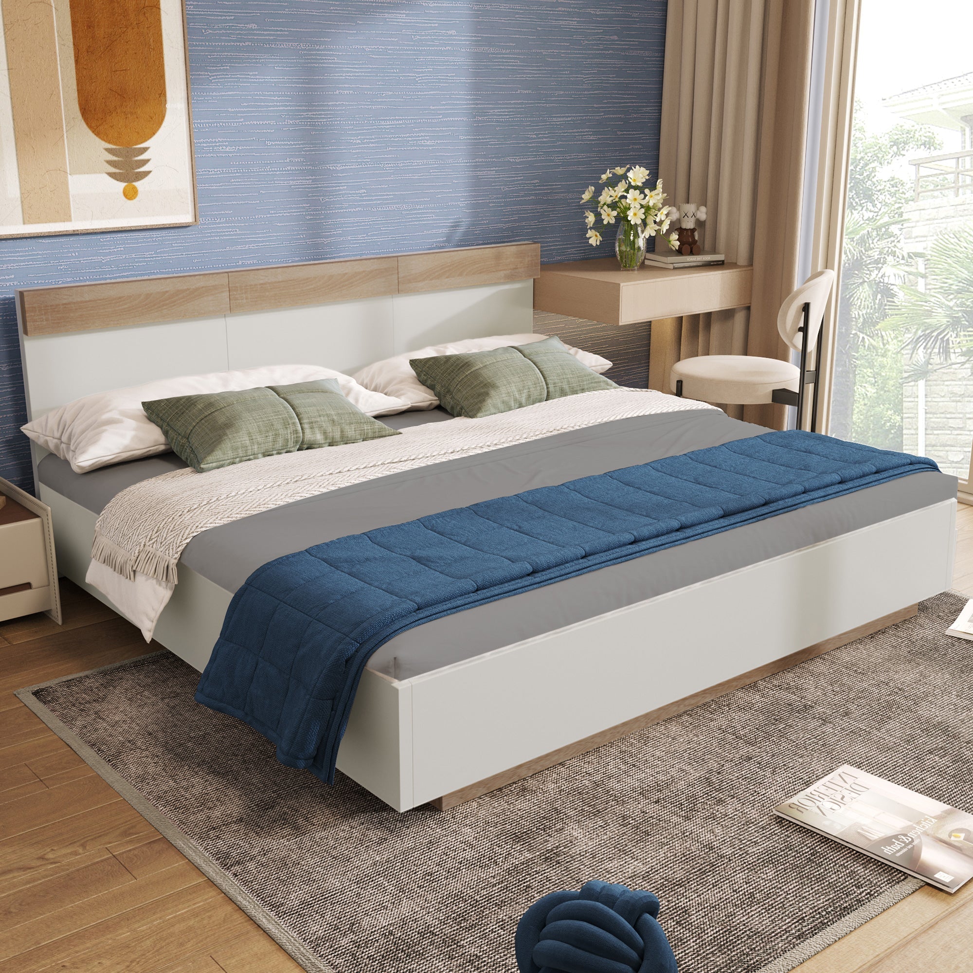 Double Wooden Bed, Floating Bed with Headboard & Slatted Frame, Sonoma Oak/White