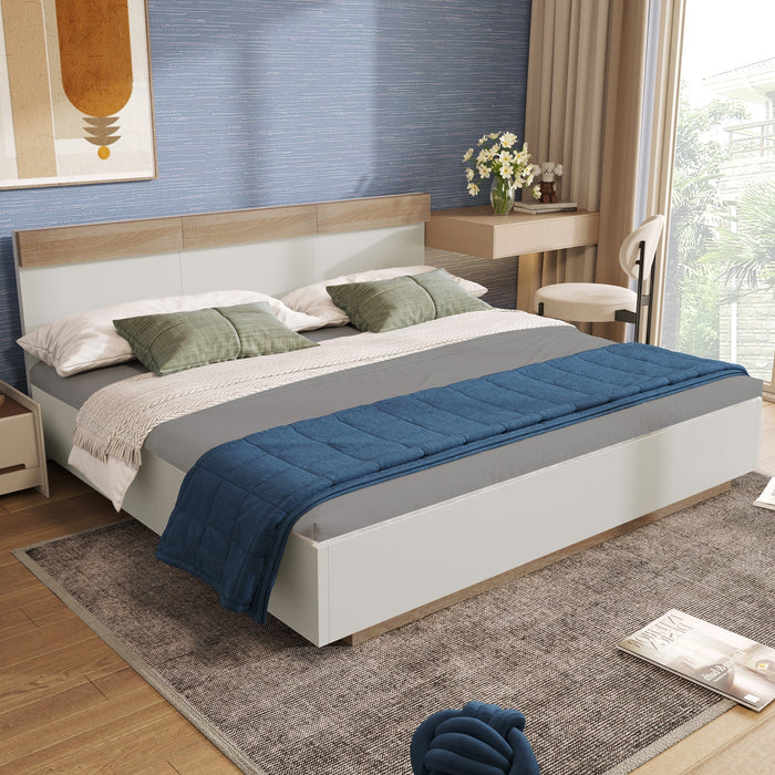 Double Wooden Bed, Floating Headboard Slatted Base 205x184x90.5cm, Sonoma Oak/White