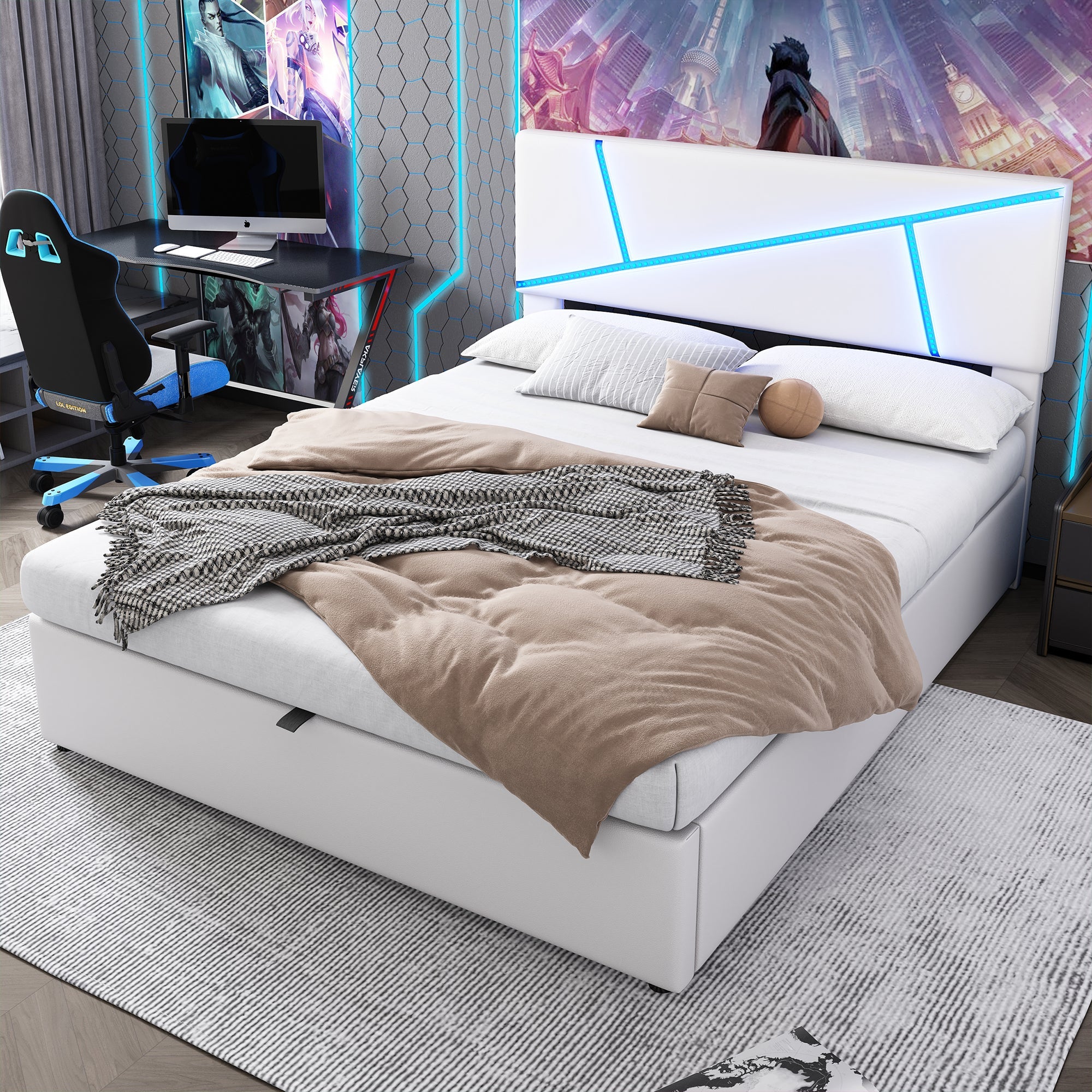 Upholstered Storage Bed with LED Lights and Hydraulic Lift, 160x200cm, White Synthetic Leather