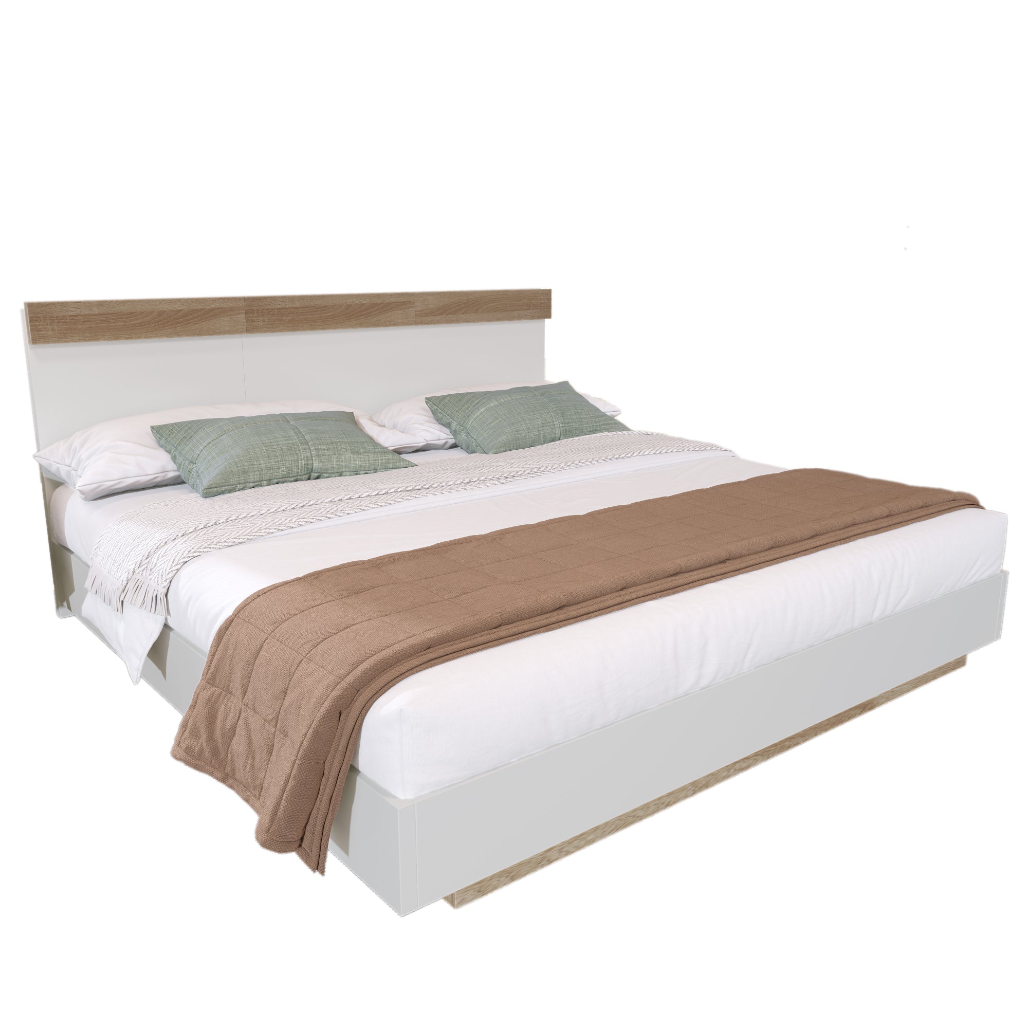 Double Bed Floating Headboard Frame Slatted Base, Sonoma Oak/White Wood