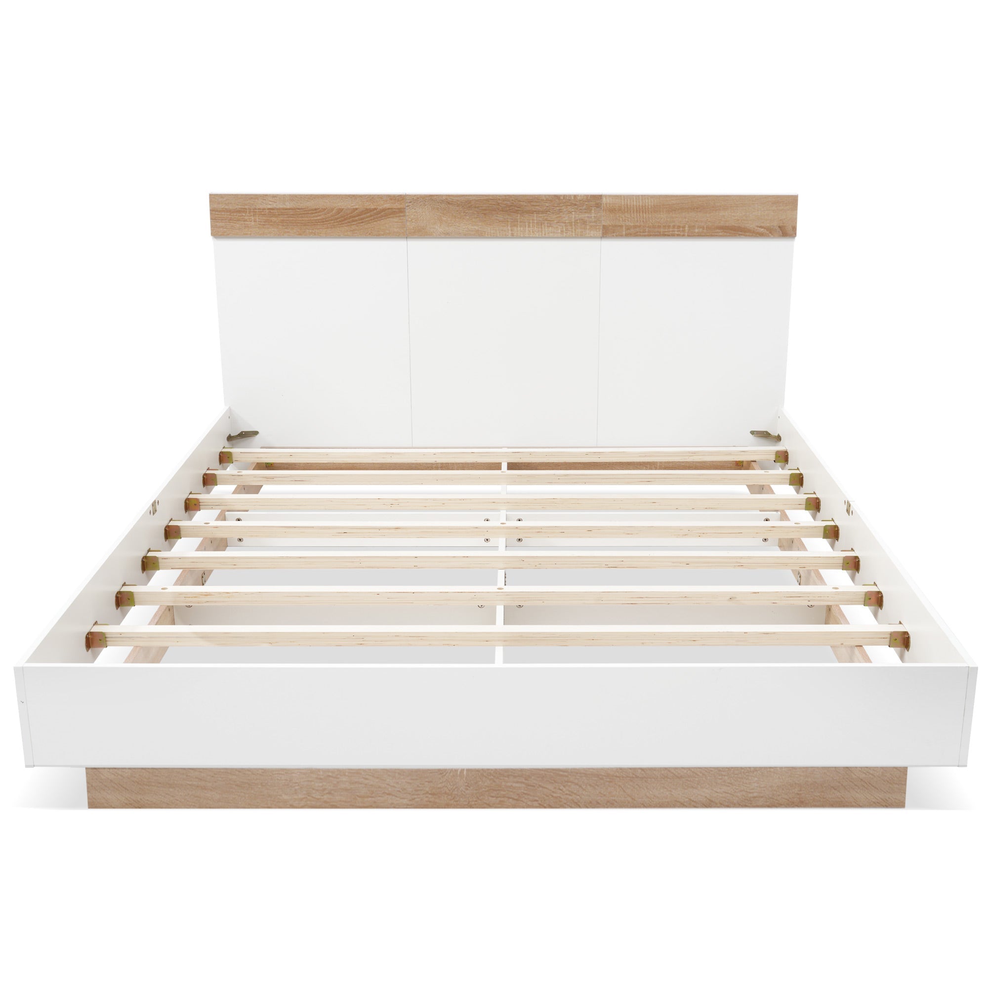 Double Wooden Bed Floating Bed Frame Slatted Base, Sonoma Oak/White