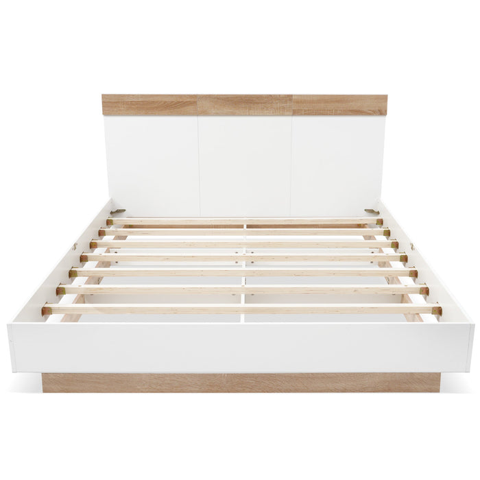 Double Bed Floating Headboard Frame Slatted Base, Sonoma Oak/White Wood