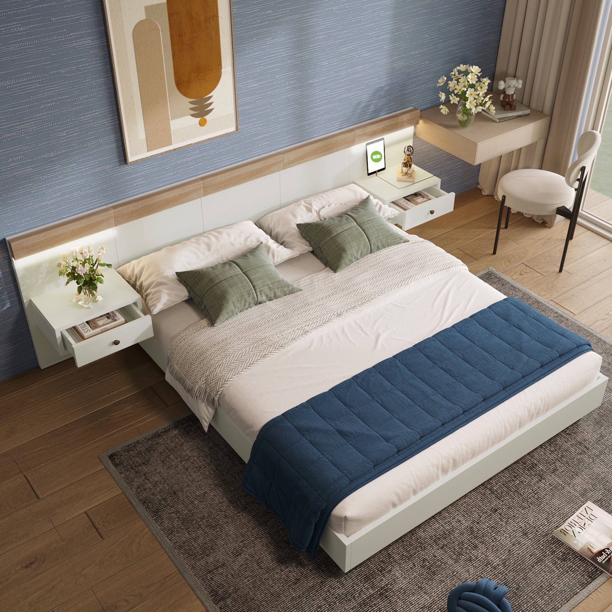Double Bed Set with 2 LED Nightstands & USB C Socket, 180 x 200 cm, Sonoma Oak/White Wood