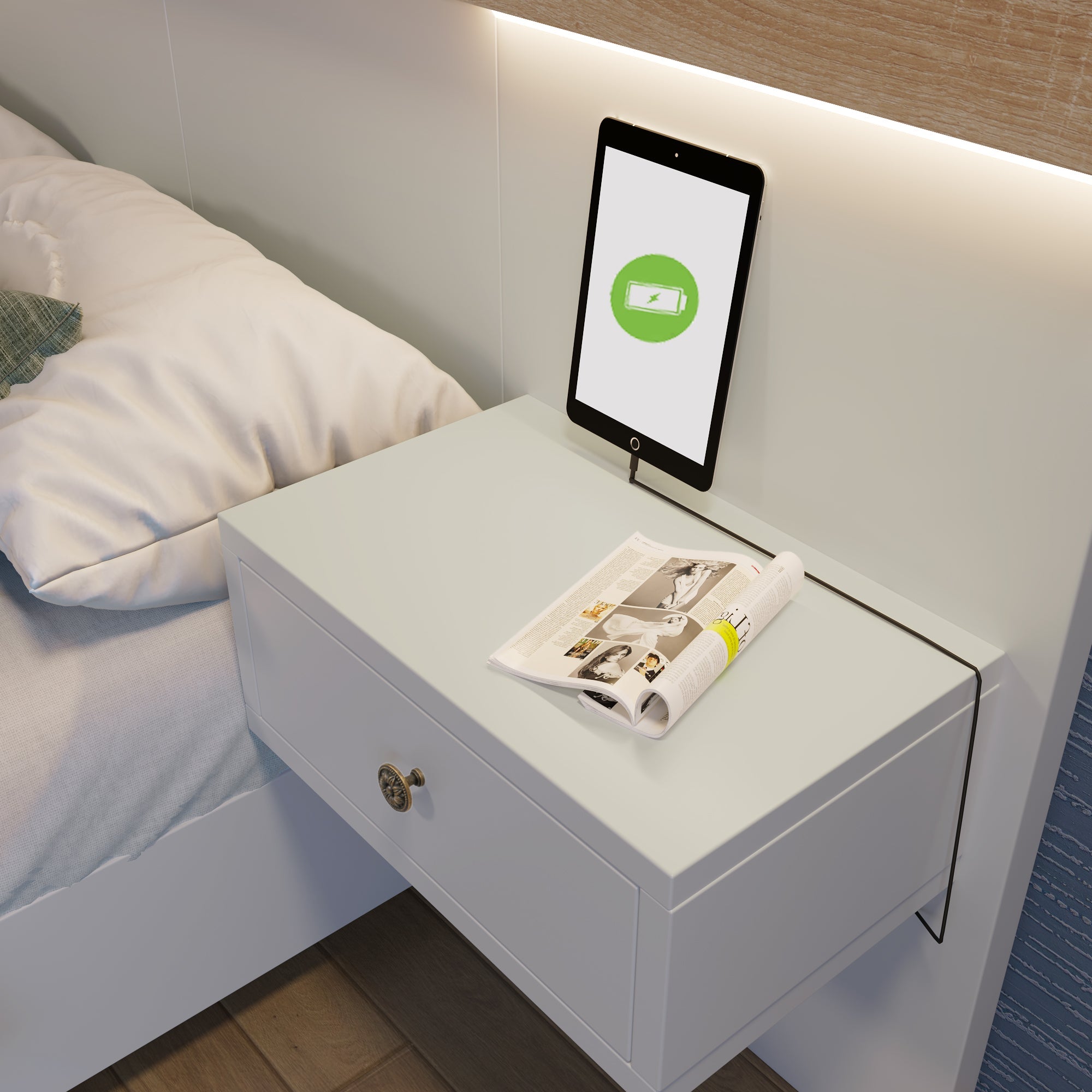 Double Bed Set with 2 LED Nightstands & USB C Socket, 140x200cm Wooden, Sonoma Oak/White