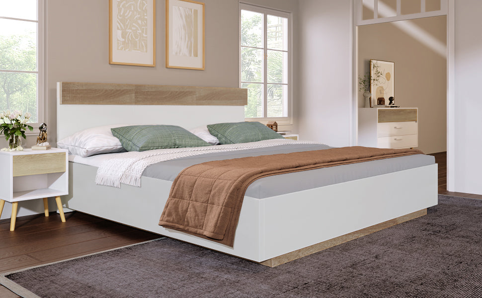Double Wooden Bed Floating Bed Frame Slatted Base, Sonoma Oak/White