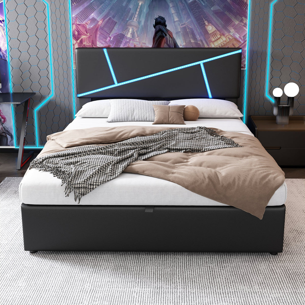 Upholstered Bed 140x200cm Double Hydraulic LED - Synthetic Leather Black