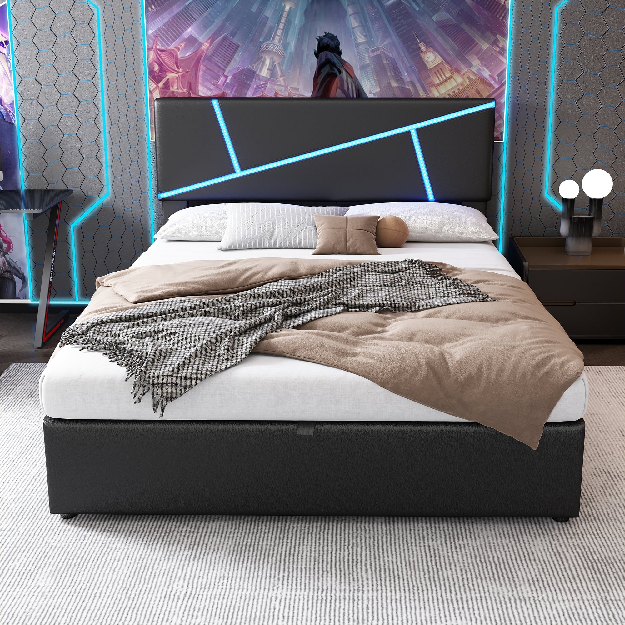 Upholstered Bed with LED Lights, Hydraulic Storage and Slatted Frame, 90x200cm, Black Synthetic Leather