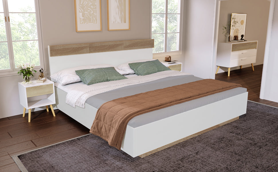 Double Wooden Bed Floating Bed Frame Slatted Base, Sonoma Oak/White