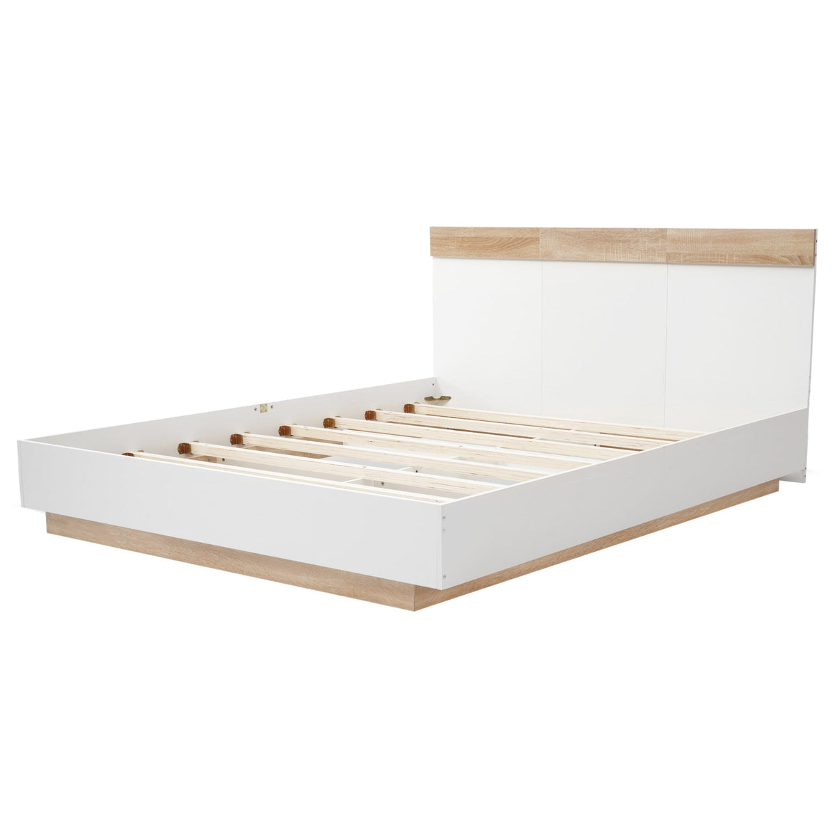 Double Bed, Floating Headboard Slatted Base 205x164x90.5cm, Sonoma Oak/White