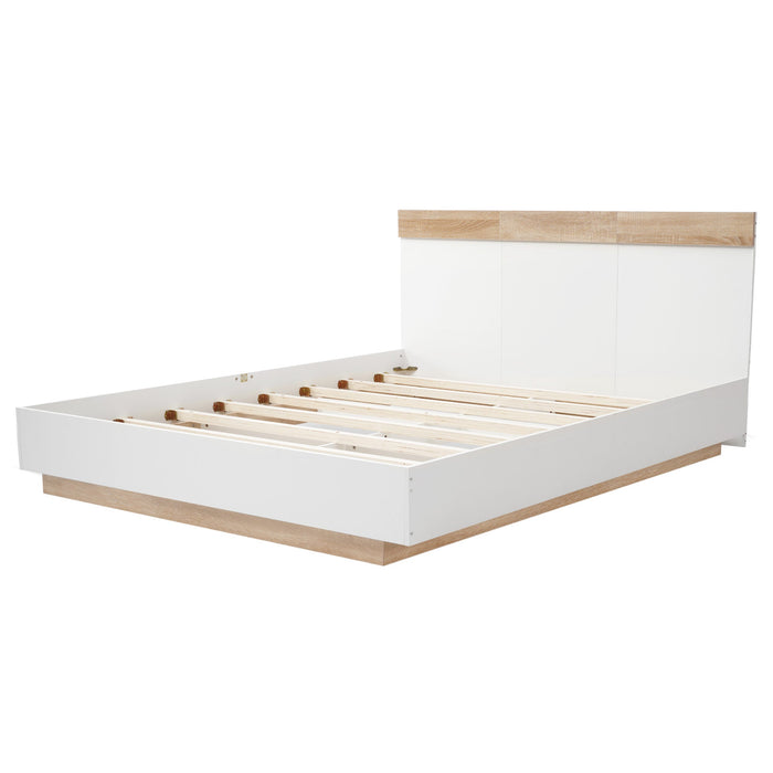 Double Wooden Bed Floating Bed Frame Slatted Base, Sonoma Oak/White