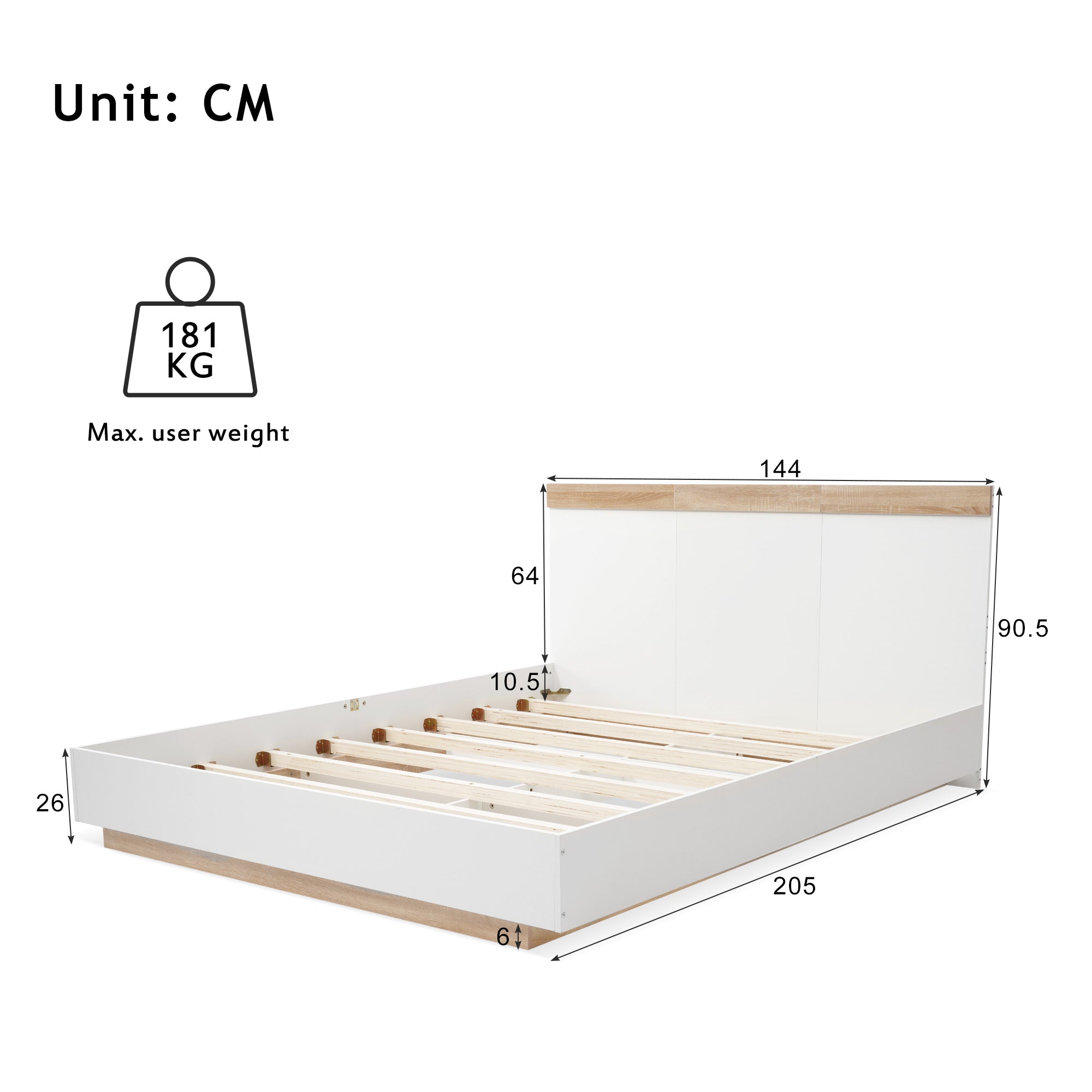 Double Wooden Bed, Floating Bed with Headboard & Slatted Frame, Sonoma Oak/White
