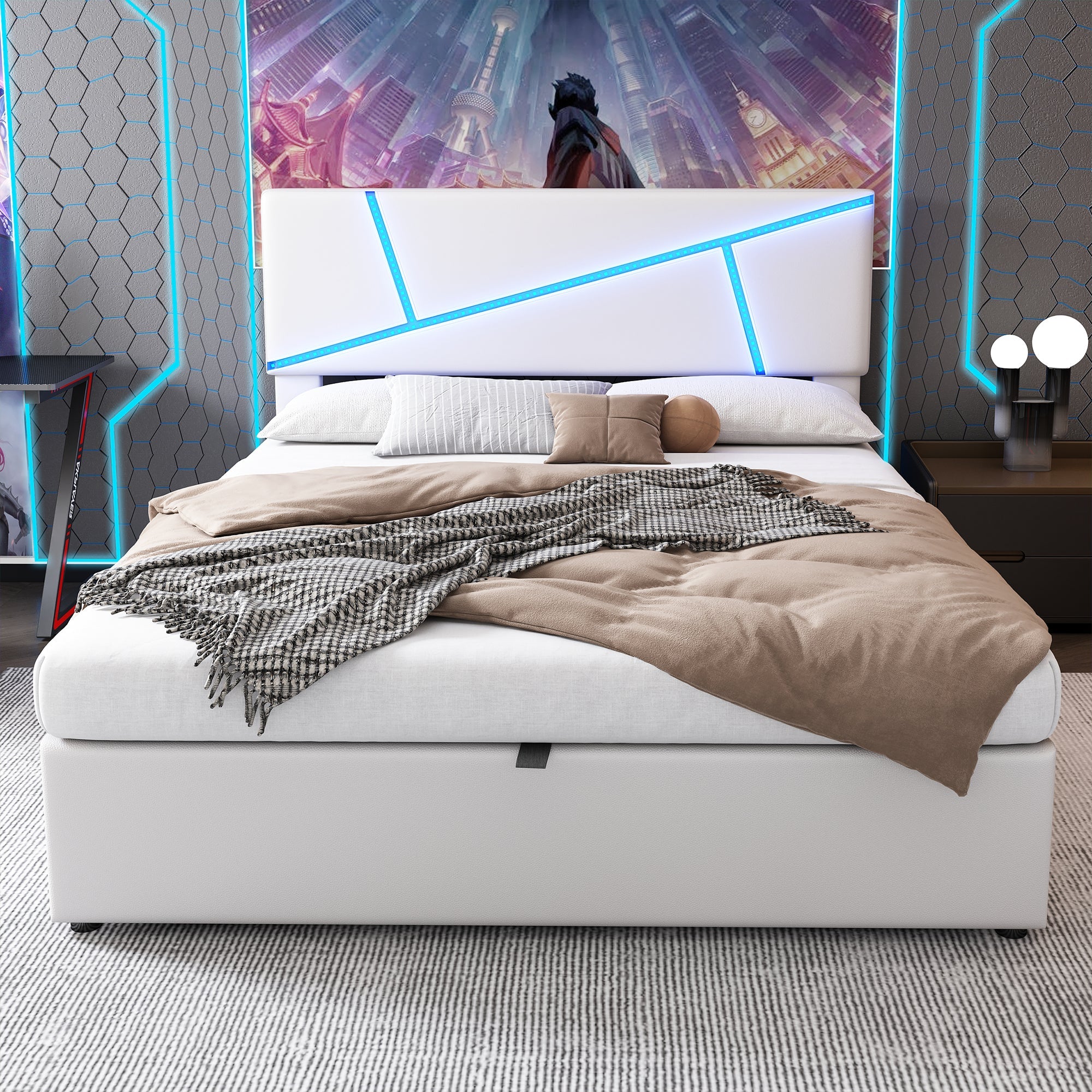 Upholstered Storage Bed with LED Lights and Hydraulic Lift, 160x200cm, White Synthetic Leather