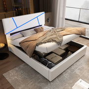 Upholstered Storage Bed with LED Lights and Hydraulic Lift, 160x200cm, White Synthetic Leather