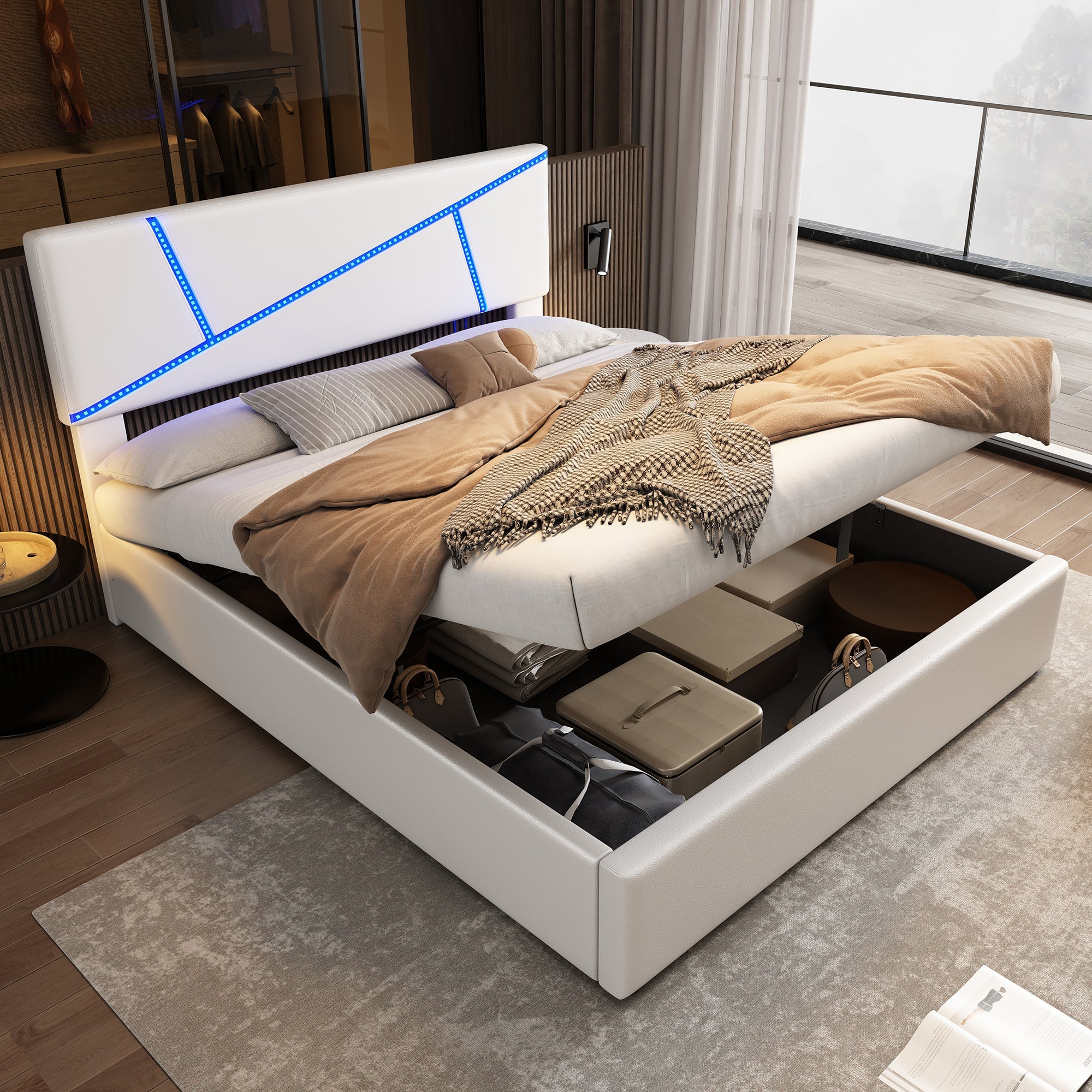 Upholstered Storage Bed with LED Lights and Hydraulic Lift, 160x200cm, White Synthetic Leather