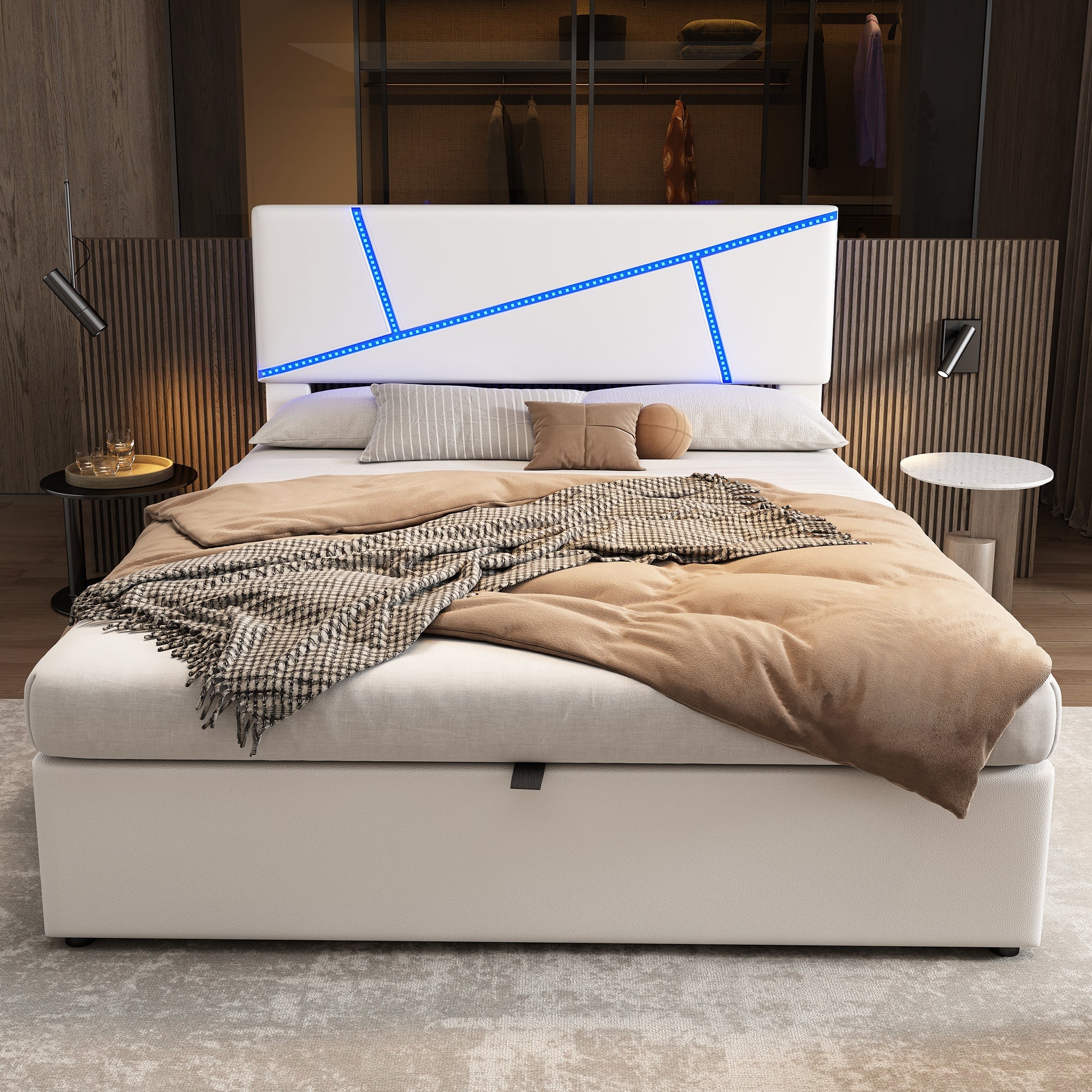 Upholstered Storage Bed with LED Lights and Hydraulic Lift, 160x200cm, White Synthetic Leather