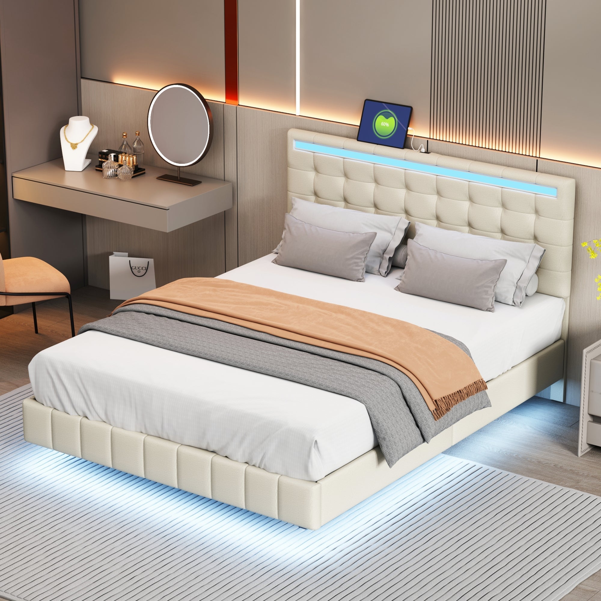 Upholstered Bed, 140x200cm Floating Frame with LED Lights & Headboard, Beige Linen