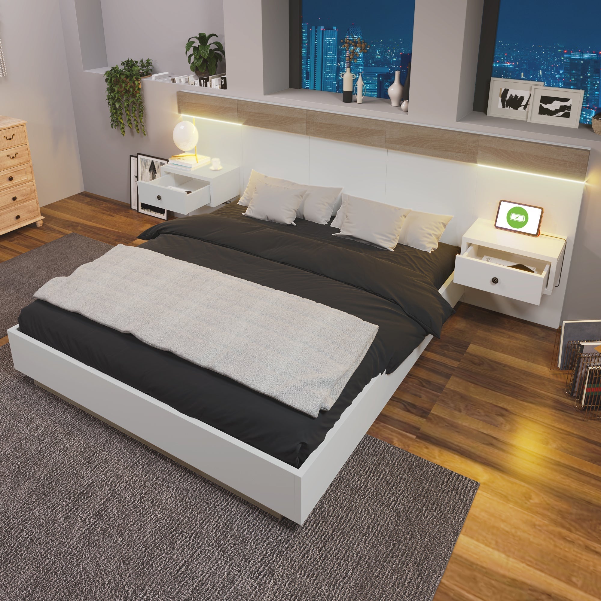 Double Bed Set with 2 LED Nightstands & USB C Socket, 180 x 200 cm, Sonoma Oak/White Wood