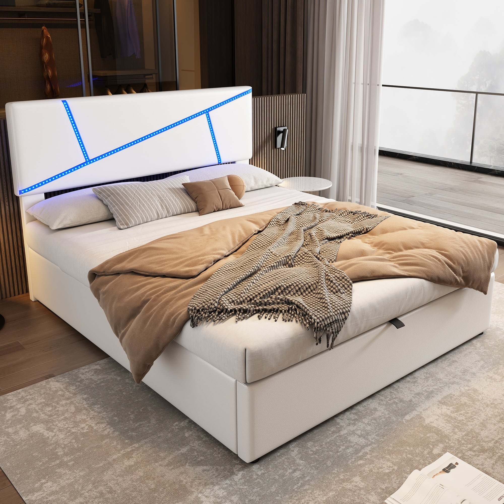 Upholstered Storage Bed with LED Lights and Hydraulic Lift, 160x200cm, White Synthetic Leather