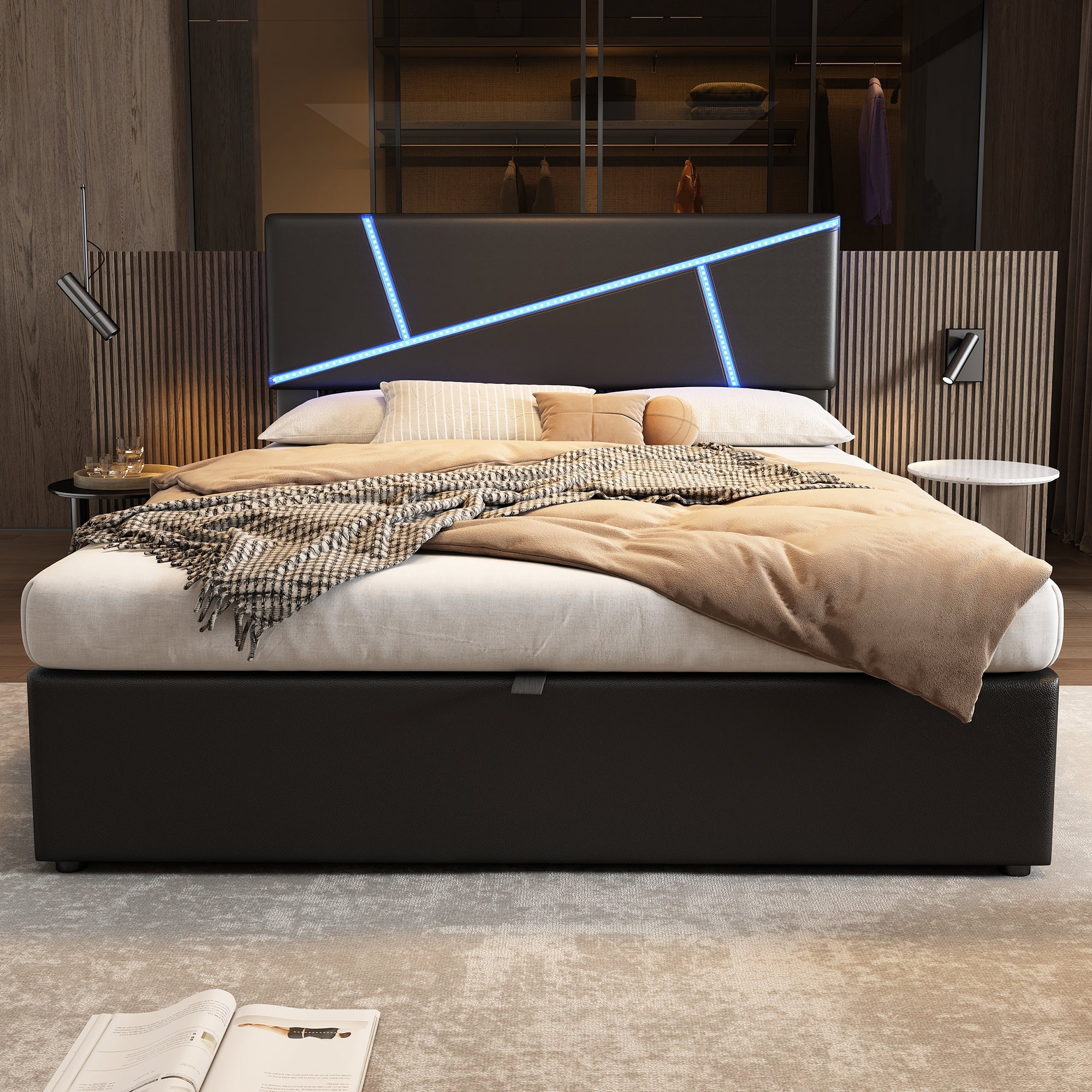 Upholstered Bed with LED Lights, Hydraulic Storage and Slatted Frame, 90x200cm, Black Synthetic Leather