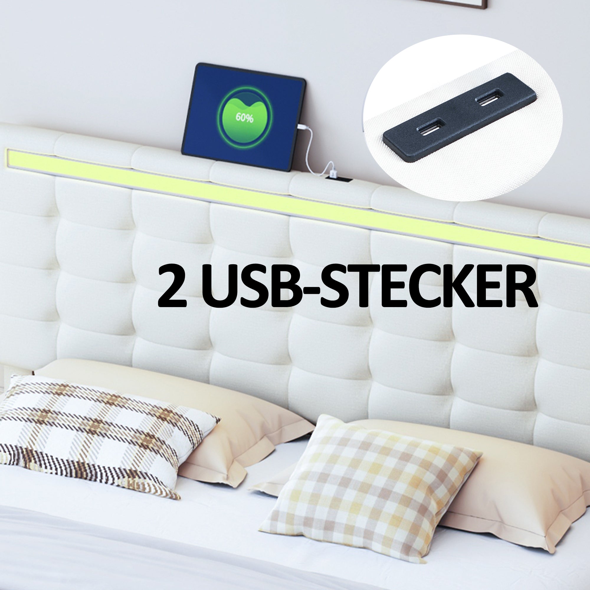 Upholstered Bed, 140x200cm Floating Frame with LED Lights & Headboard, Beige Linen