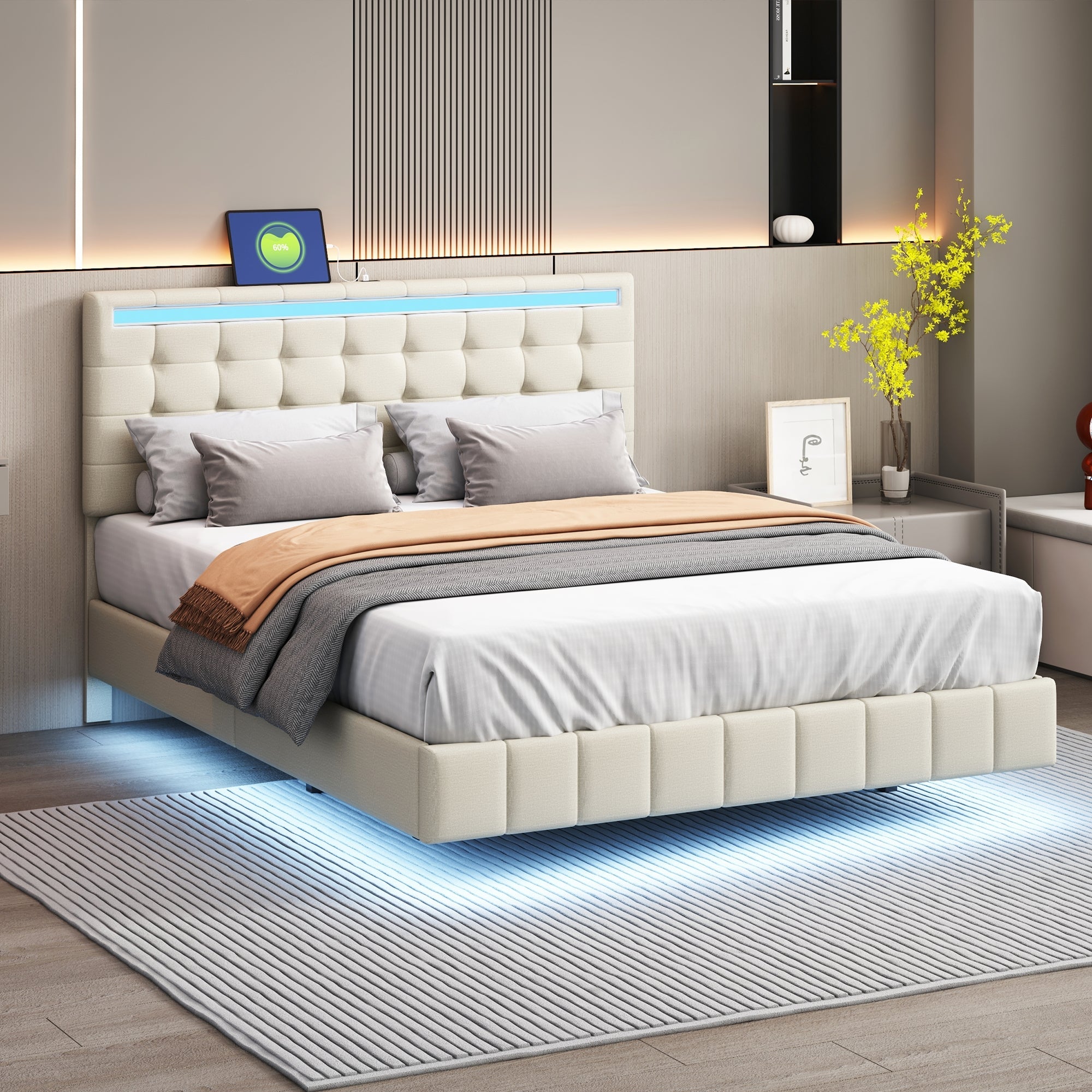 Upholstered Bed, 140x200cm Floating Frame with LED Lights & Headboard, Beige Linen