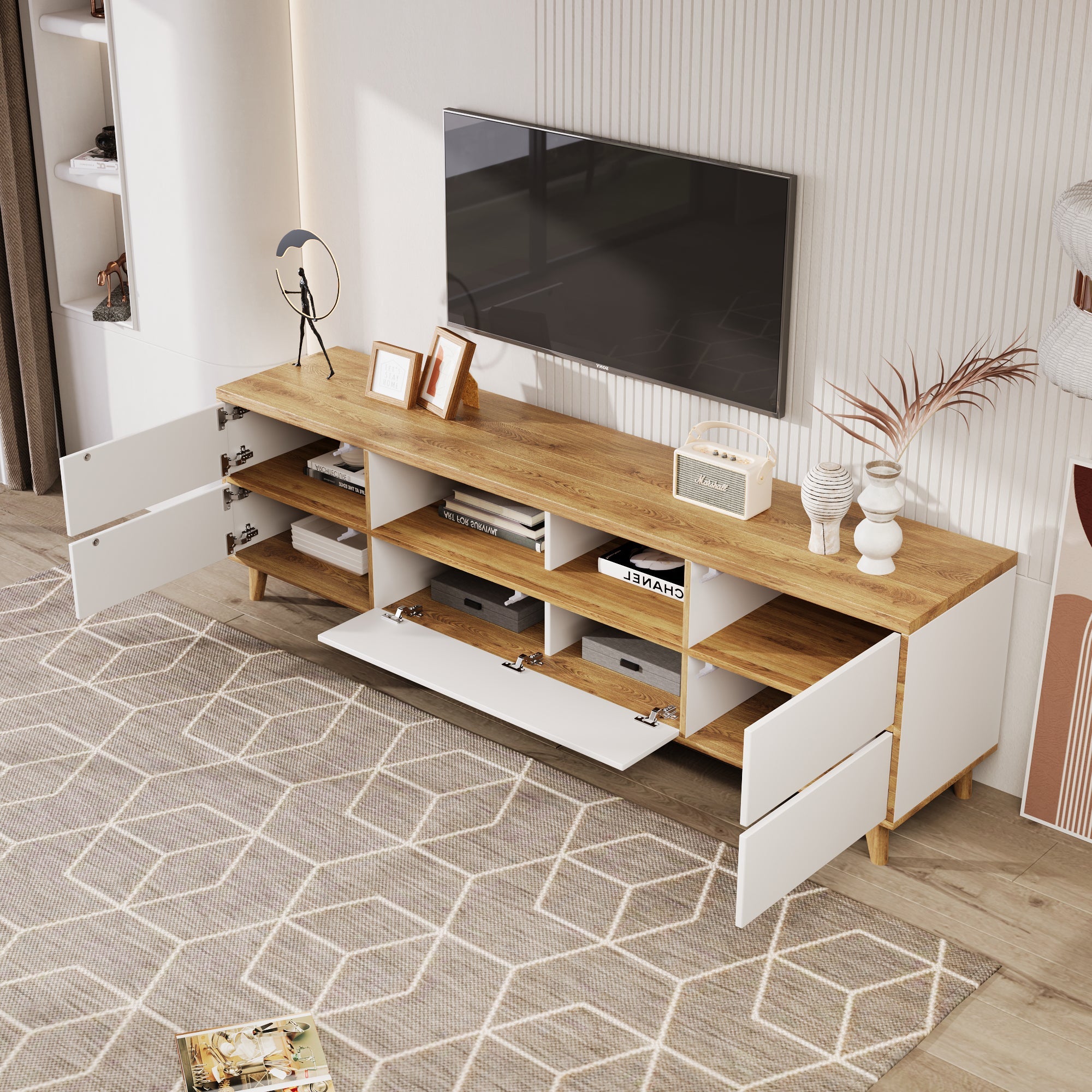 TV Cabinet, Lowboard with Compartments & Doors, White & Wood