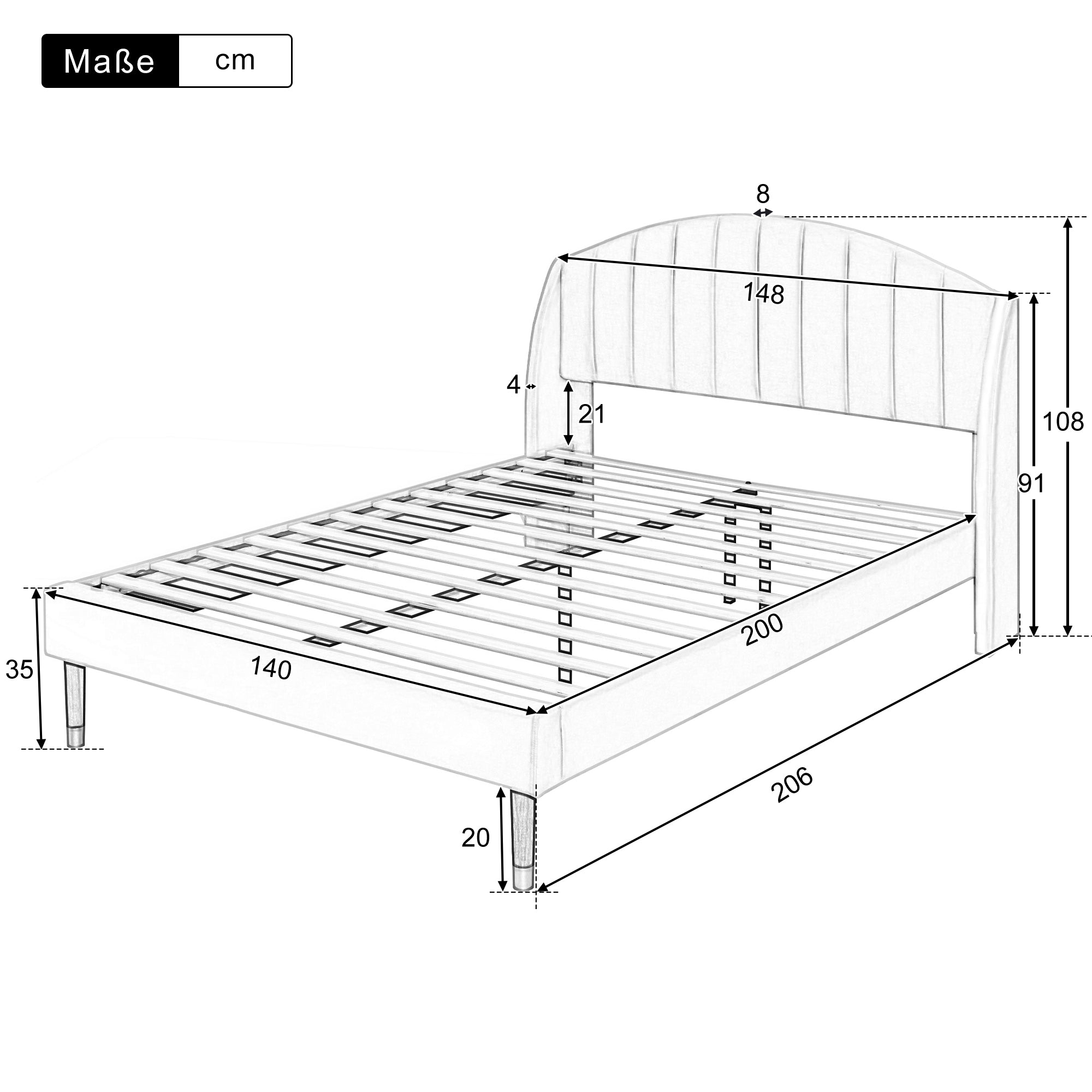 Upholstered Bed 140x200 Slatted Base Headboard - Velvet Beige