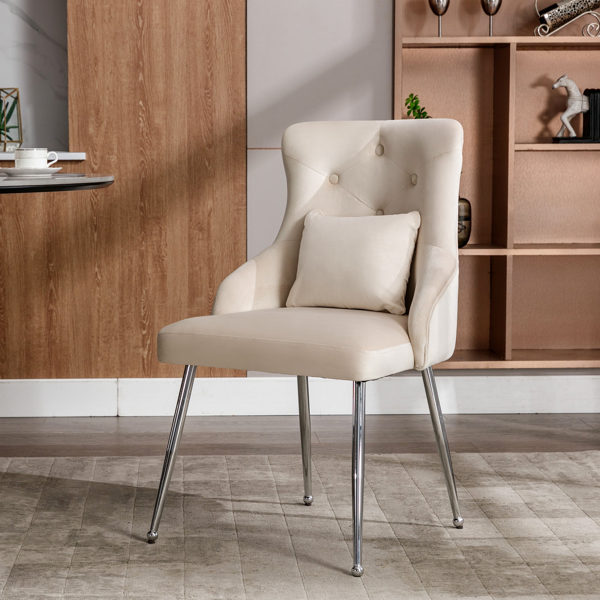 Dining Chair with Button Pattern and Lumbar Cushion, Upholstered with Metal Legs, Beige