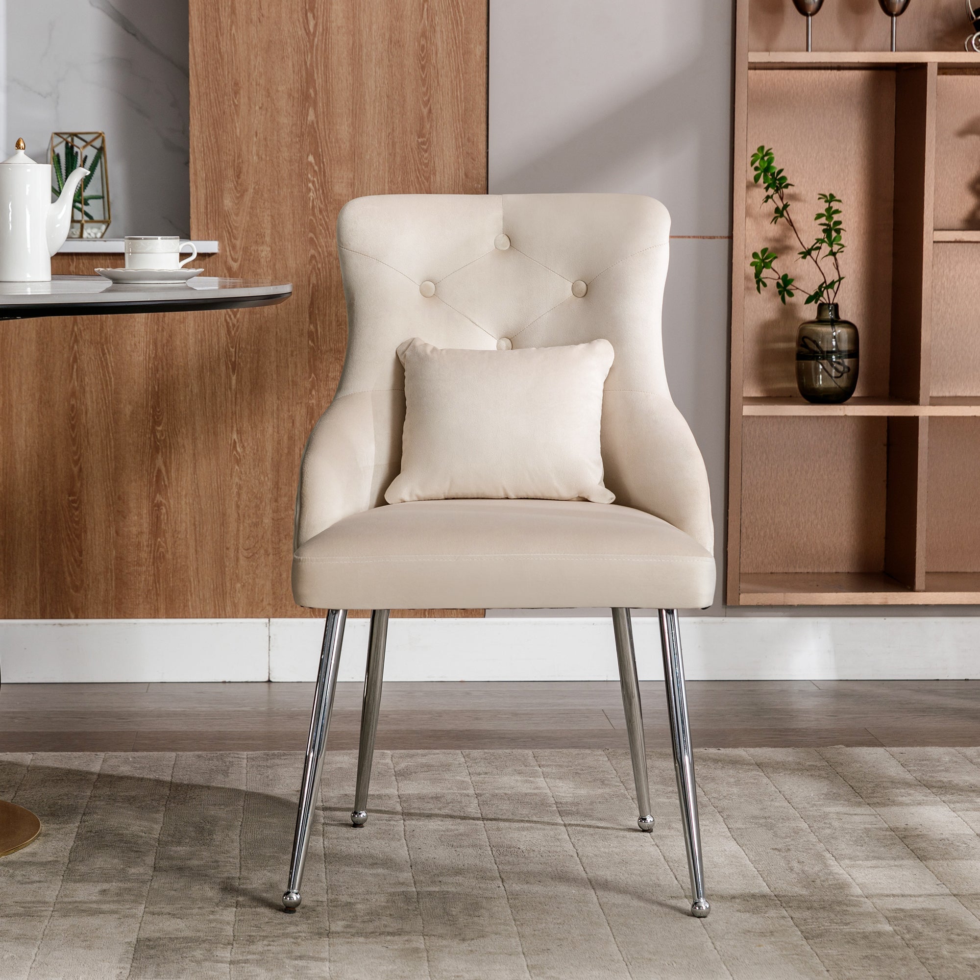 Dining Chair with Button Pattern and Lumbar Cushion, Upholstered with Metal Legs, Beige