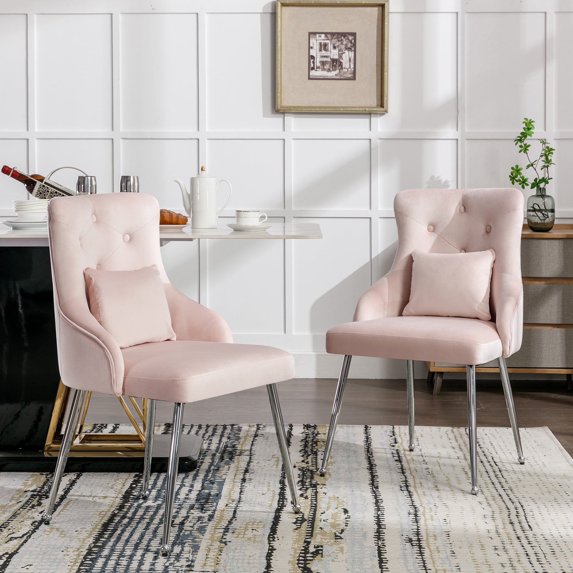 Set of 6 Dining Chairs, Upholstered Armchairs with Button Pattern, Metal Legs, Pink