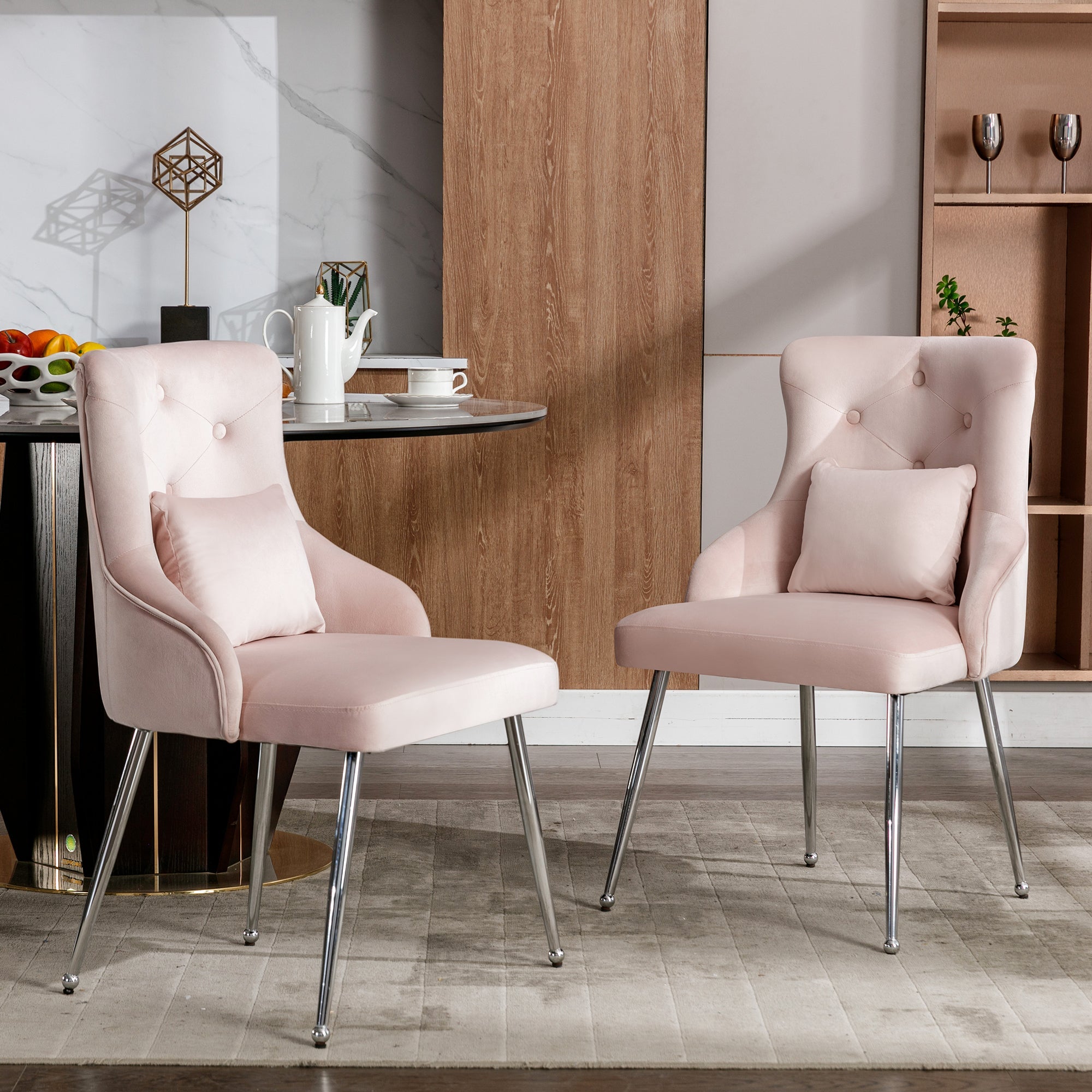 Set of 6 Dining Chairs, Upholstered Armchairs with Button Pattern, Metal Legs, Pink