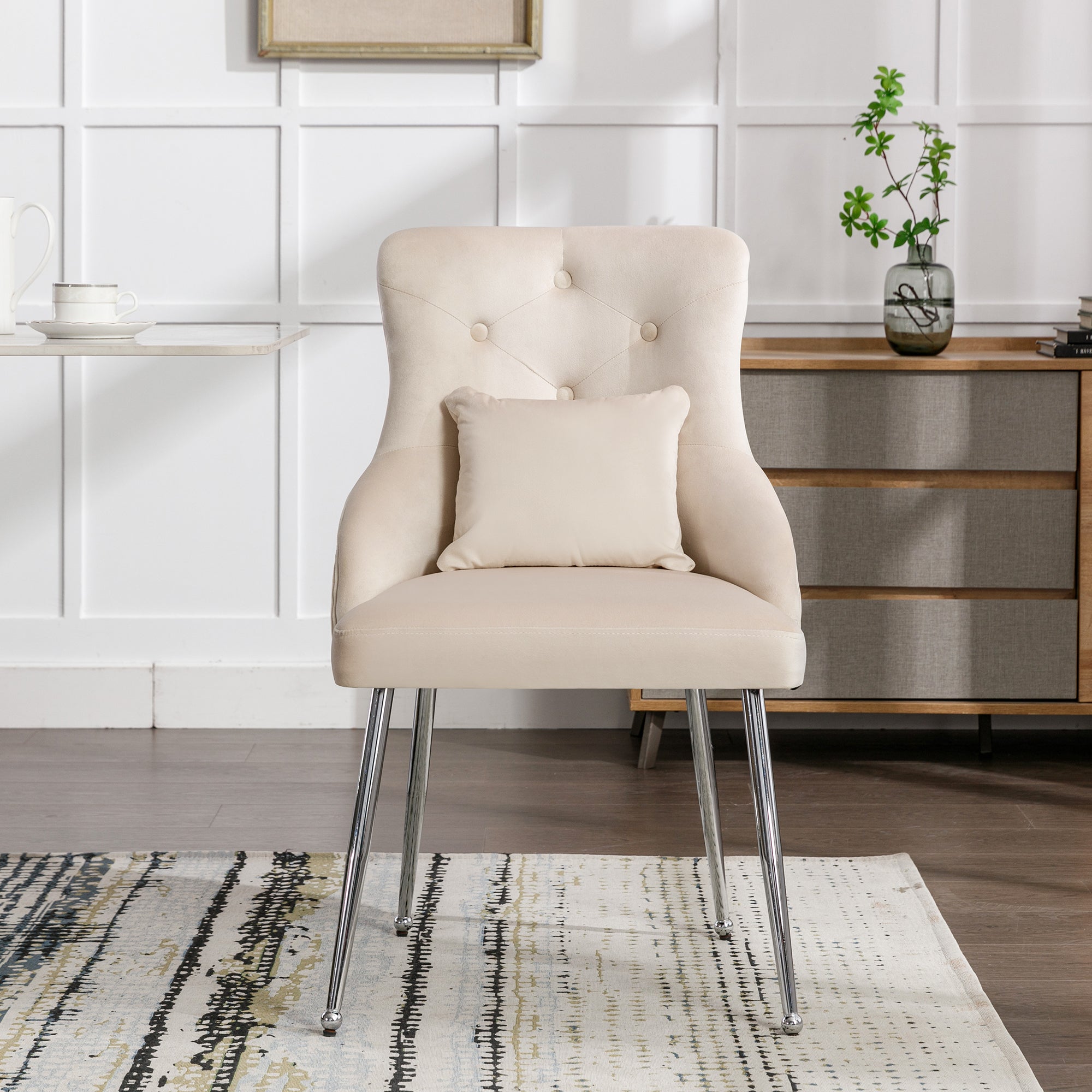 Dining Chair with Button Pattern and Lumbar Cushion, Upholstered with Metal Legs, Beige