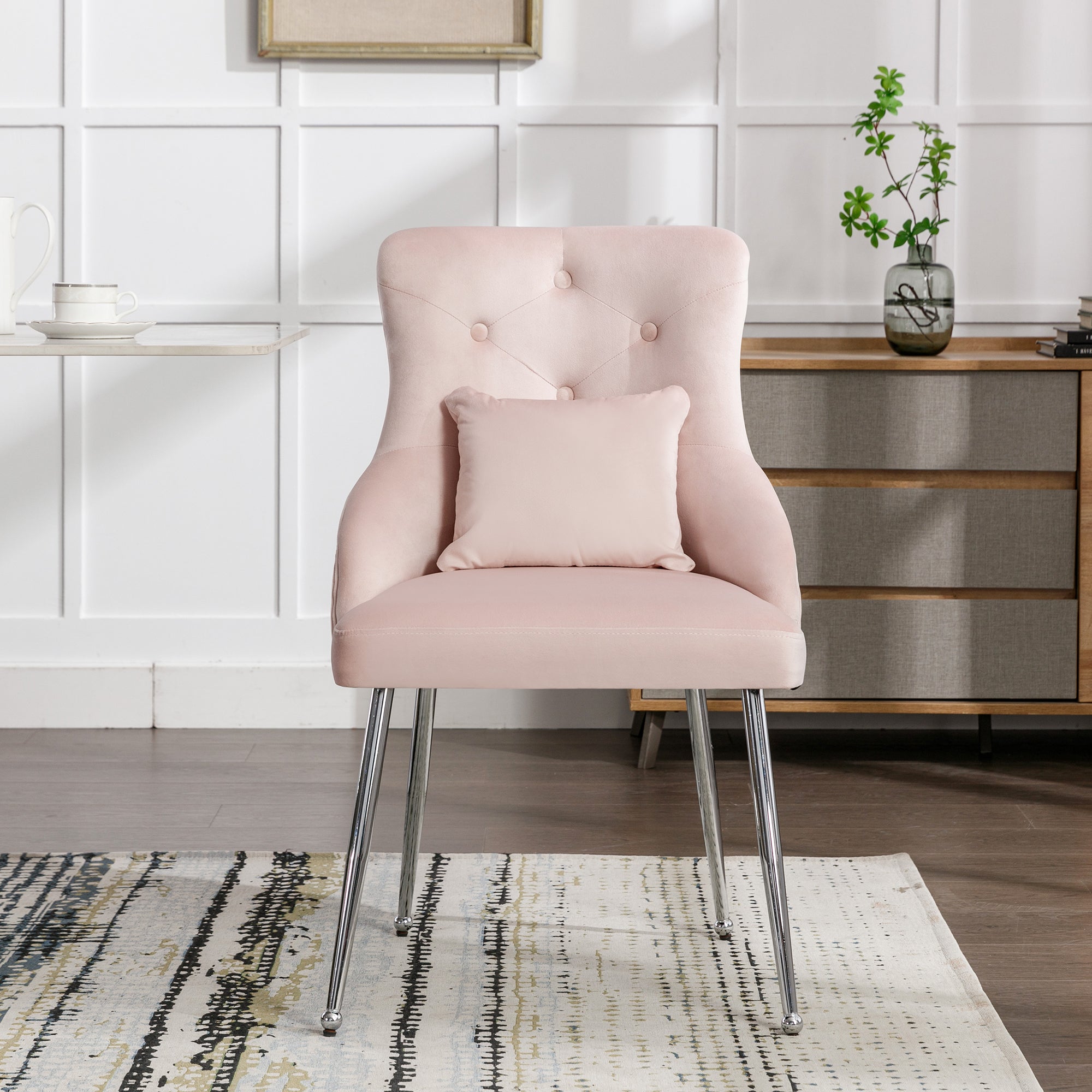 Dining Chair with Button Pattern and Lumbar Cushion, Pink
