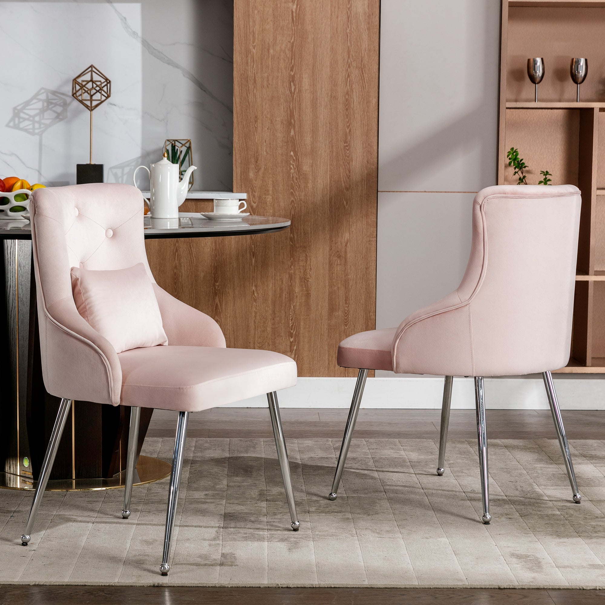 Set of 6 Dining Chairs, Upholstered Armchairs with Button Pattern, Metal Legs, Pink