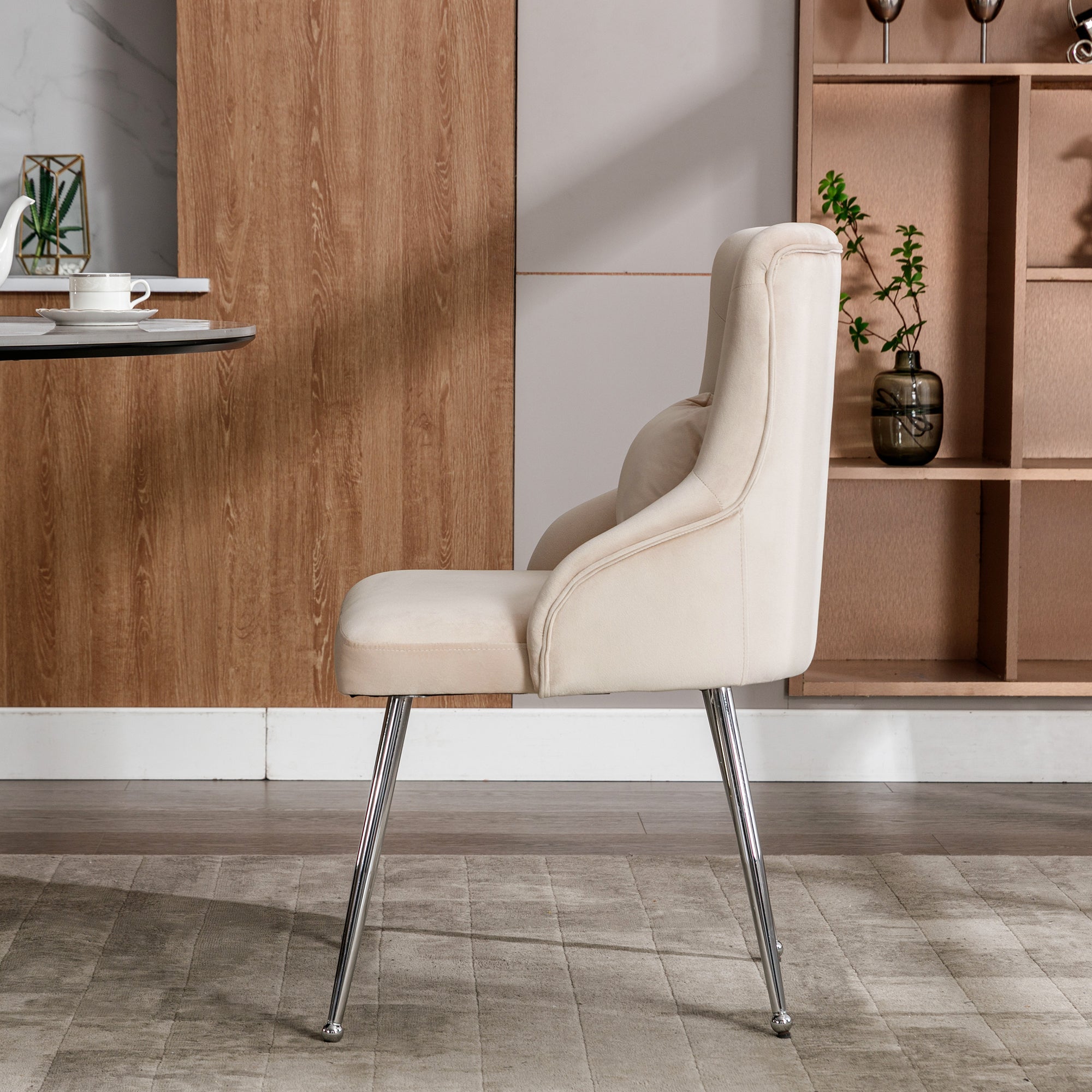 Dining Chair with Button Pattern and Lumbar Cushion, Upholstered with Metal Legs, Beige