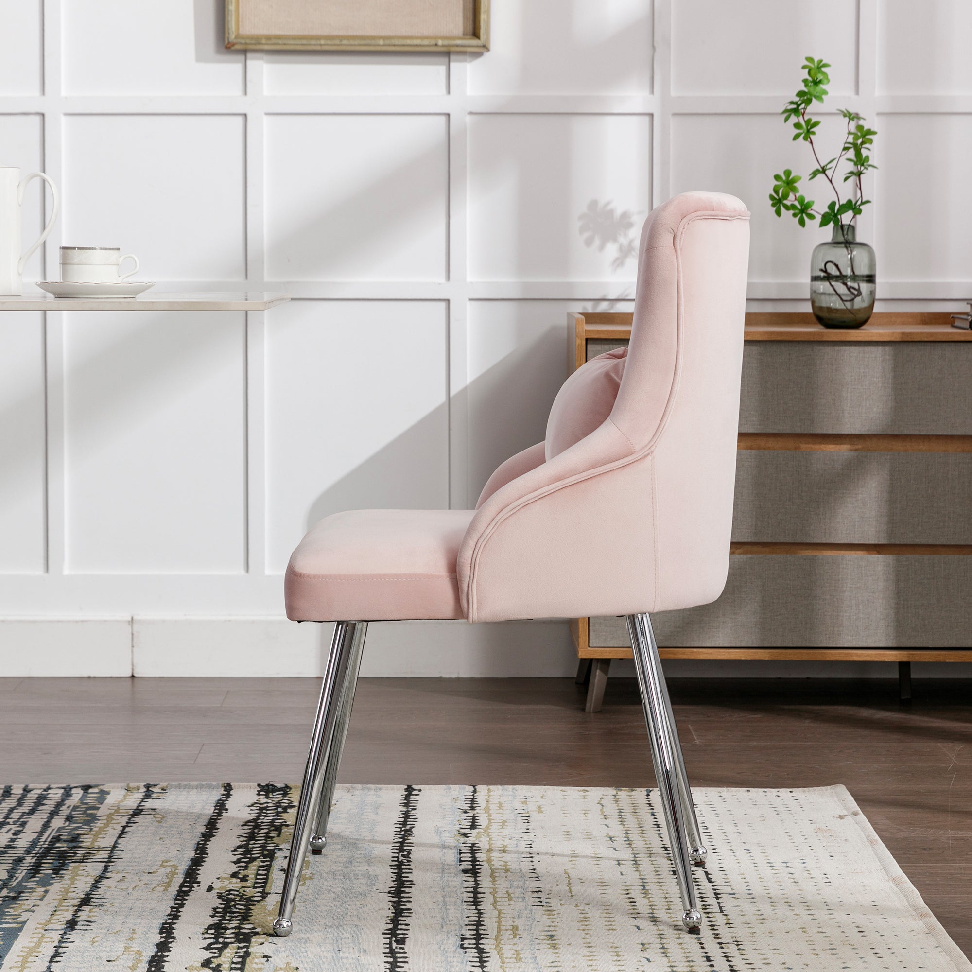 Dining Chair with Button Pattern and Lumbar Cushion, Pink