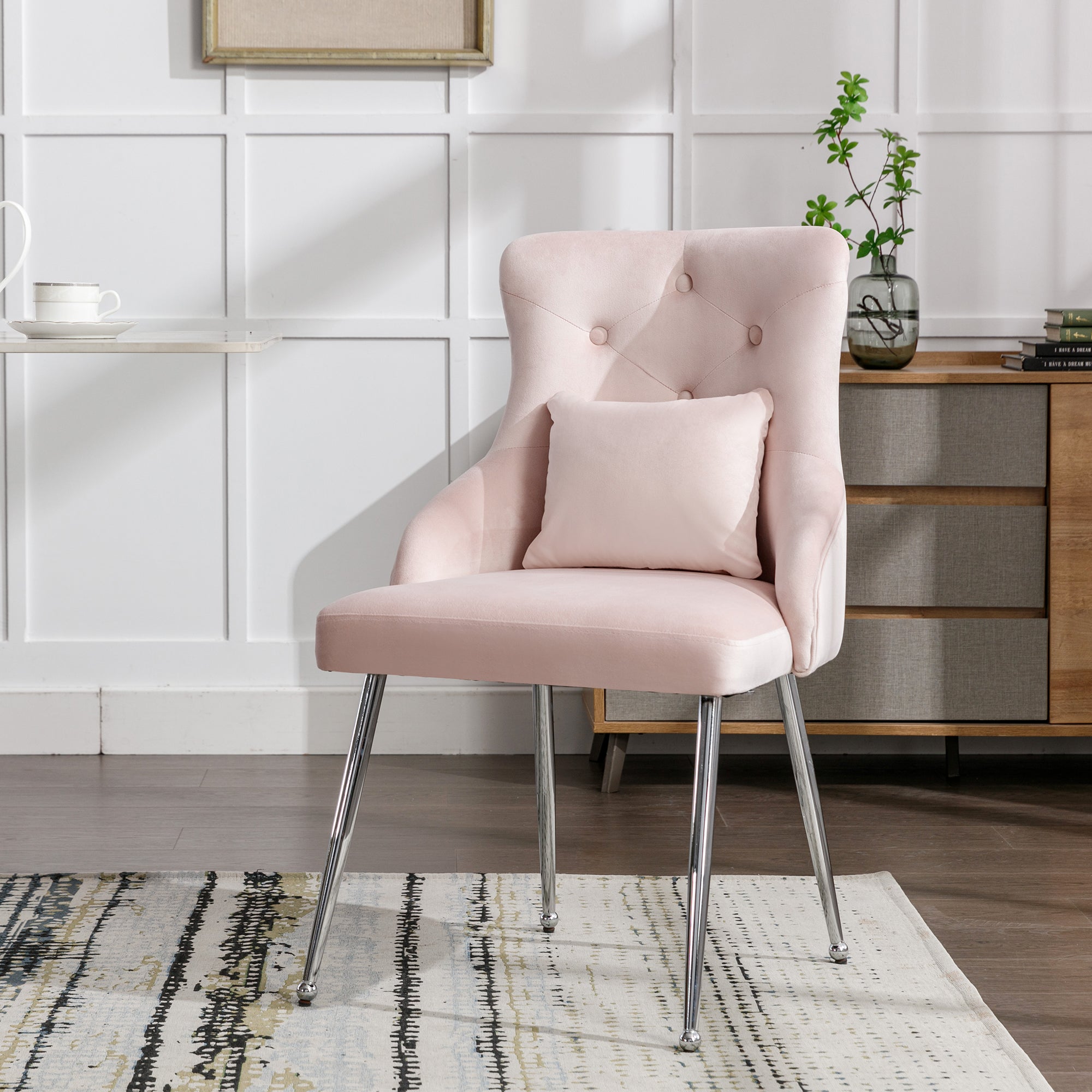 Dining Chair with Button Pattern and Lumbar Cushion, Pink
