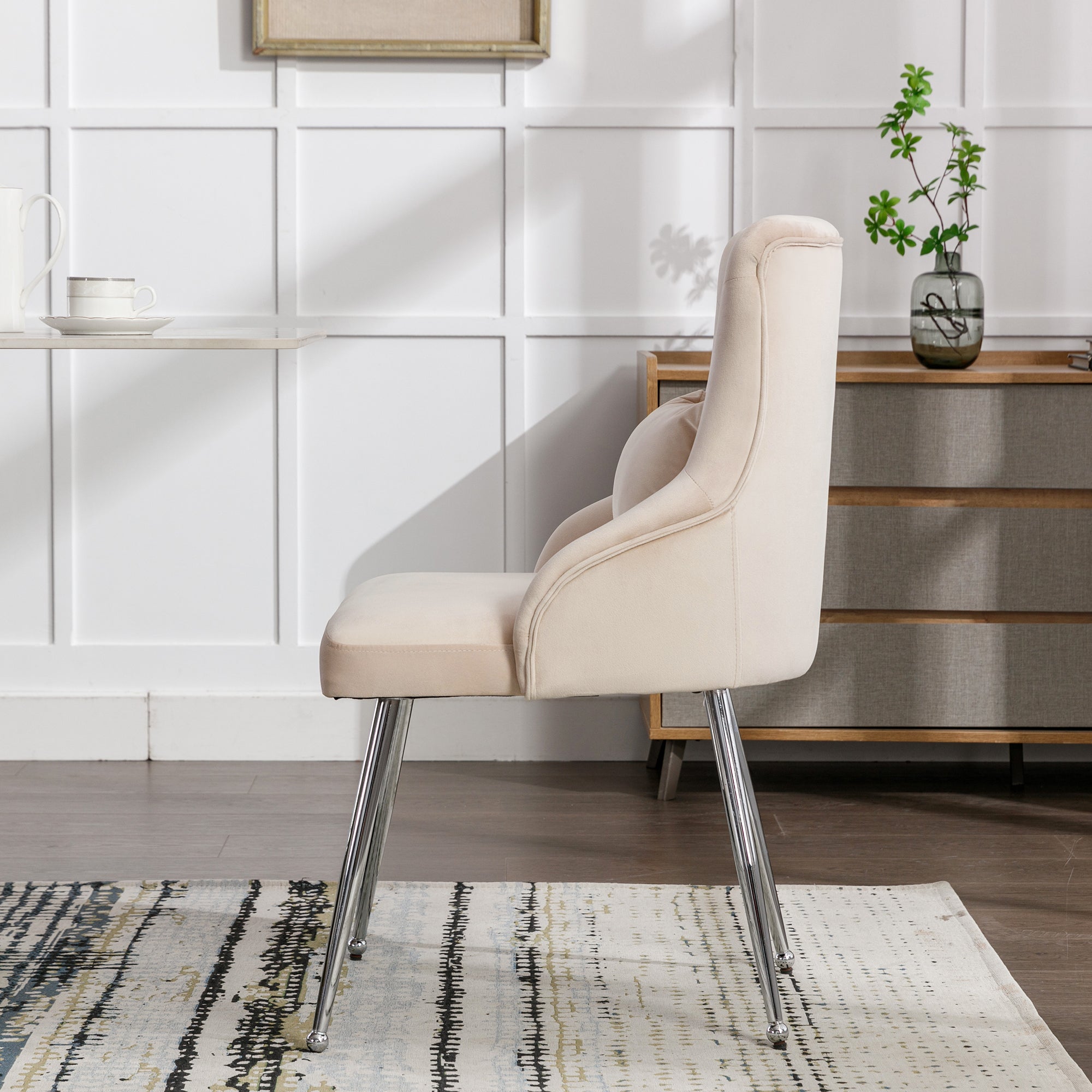 Dining Chair with Button Pattern and Lumbar Cushion, Upholstered with Metal Legs, Beige