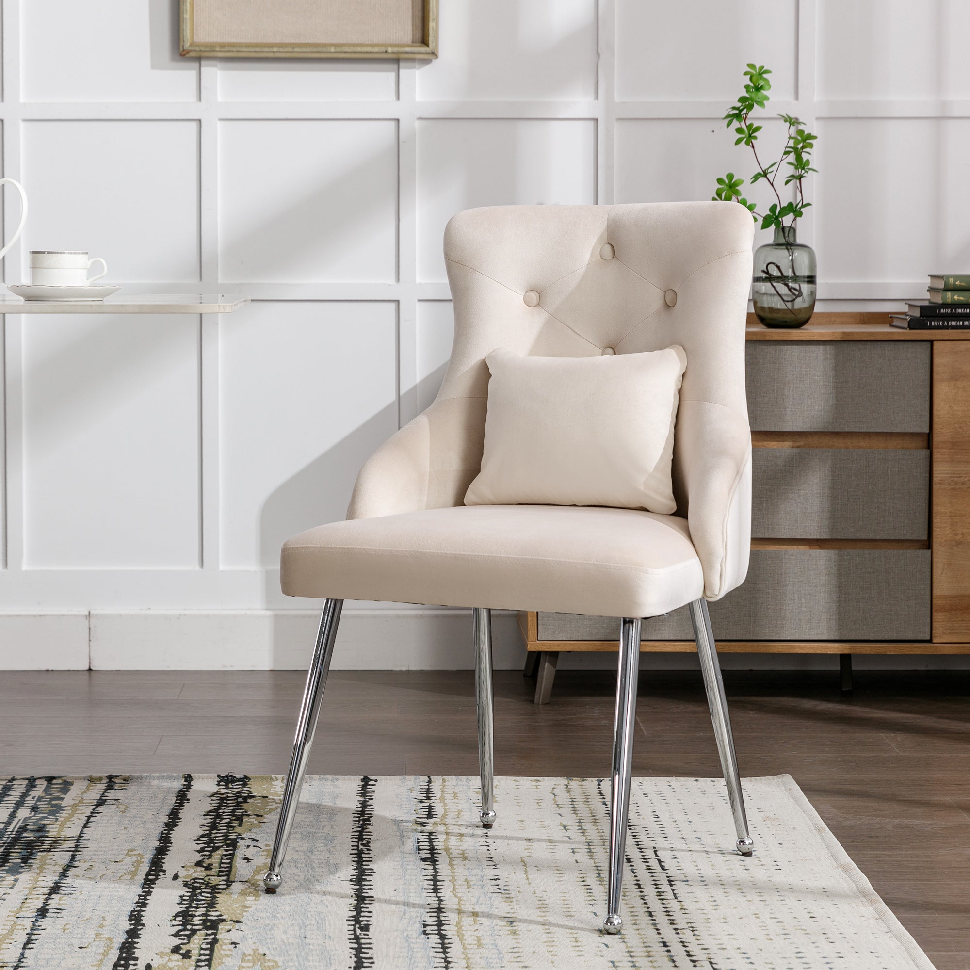 Dining Chair with Button Pattern and Lumbar Cushion, Upholstered with Metal Legs, Beige