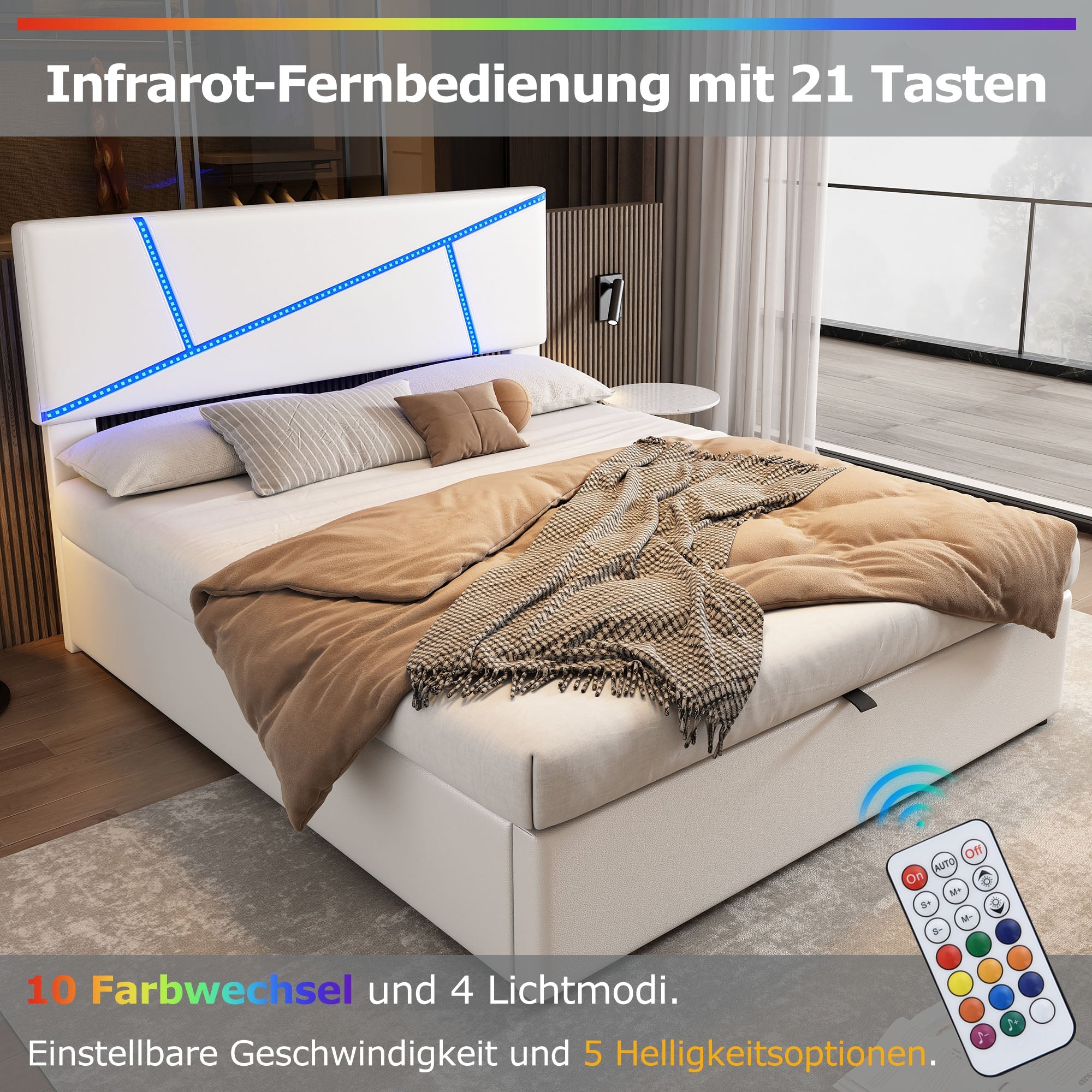 Upholstered Storage Bed with LED Lights and Hydraulic Lift, 160x200cm, White Synthetic Leather