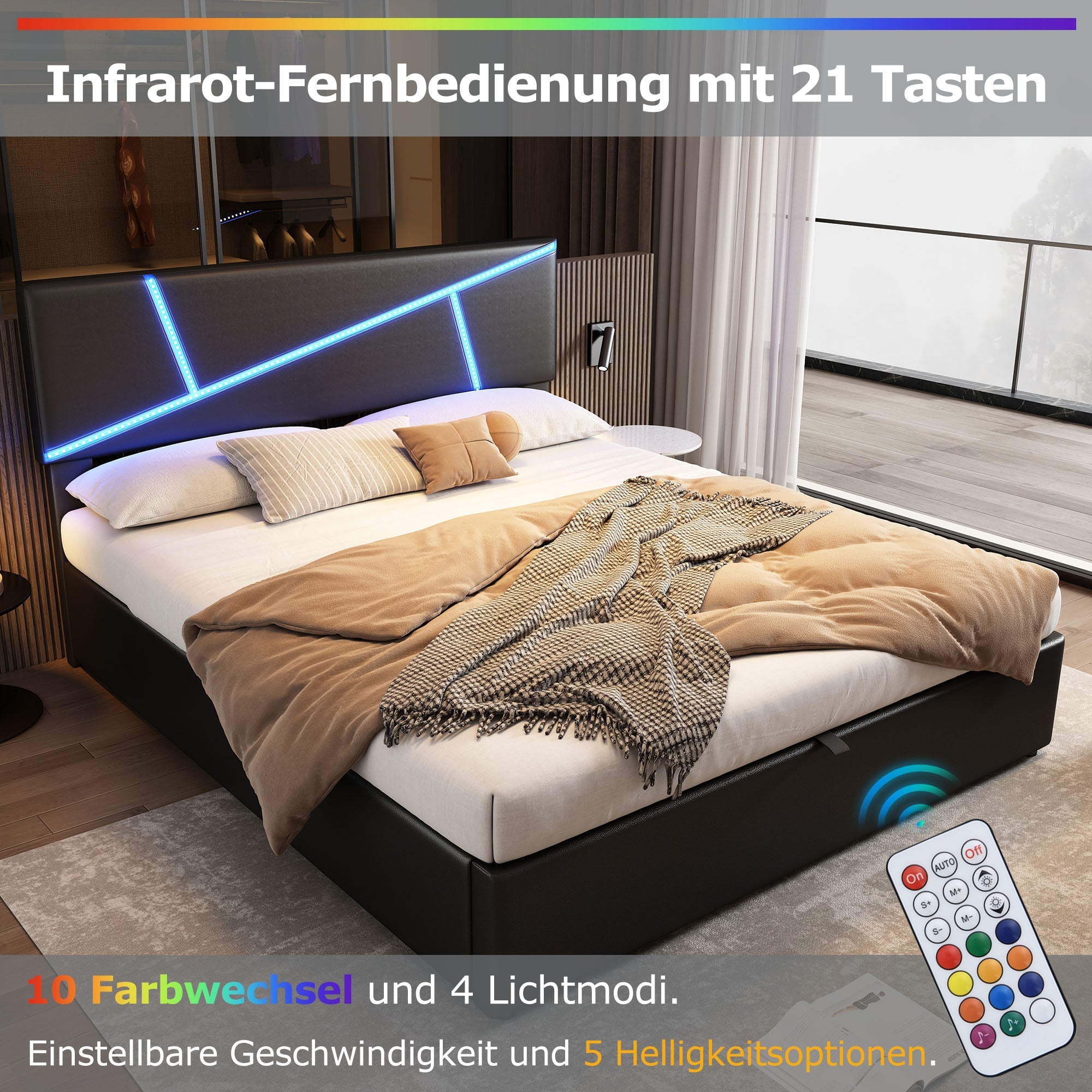 Upholstered Bed with LED Lights, Hydraulic Storage and Slatted Frame, 90x200cm, Black Synthetic Leather