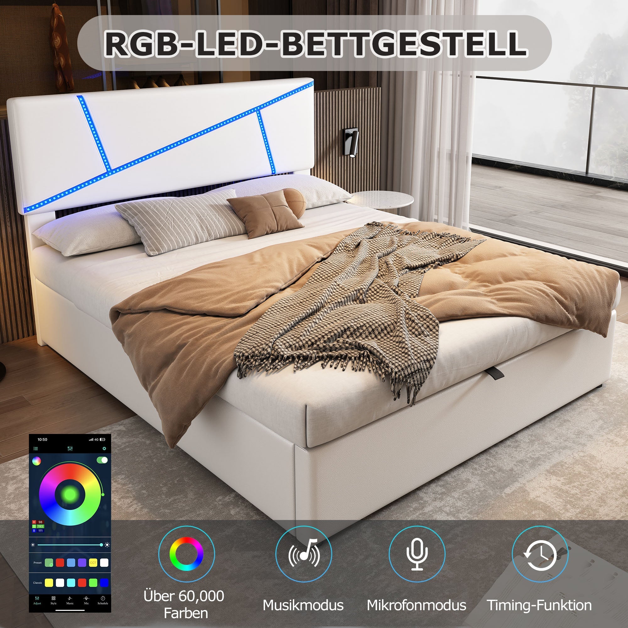 Upholstered Storage Bed with LED Lights and Hydraulic Lift, 160x200cm, White Synthetic Leather