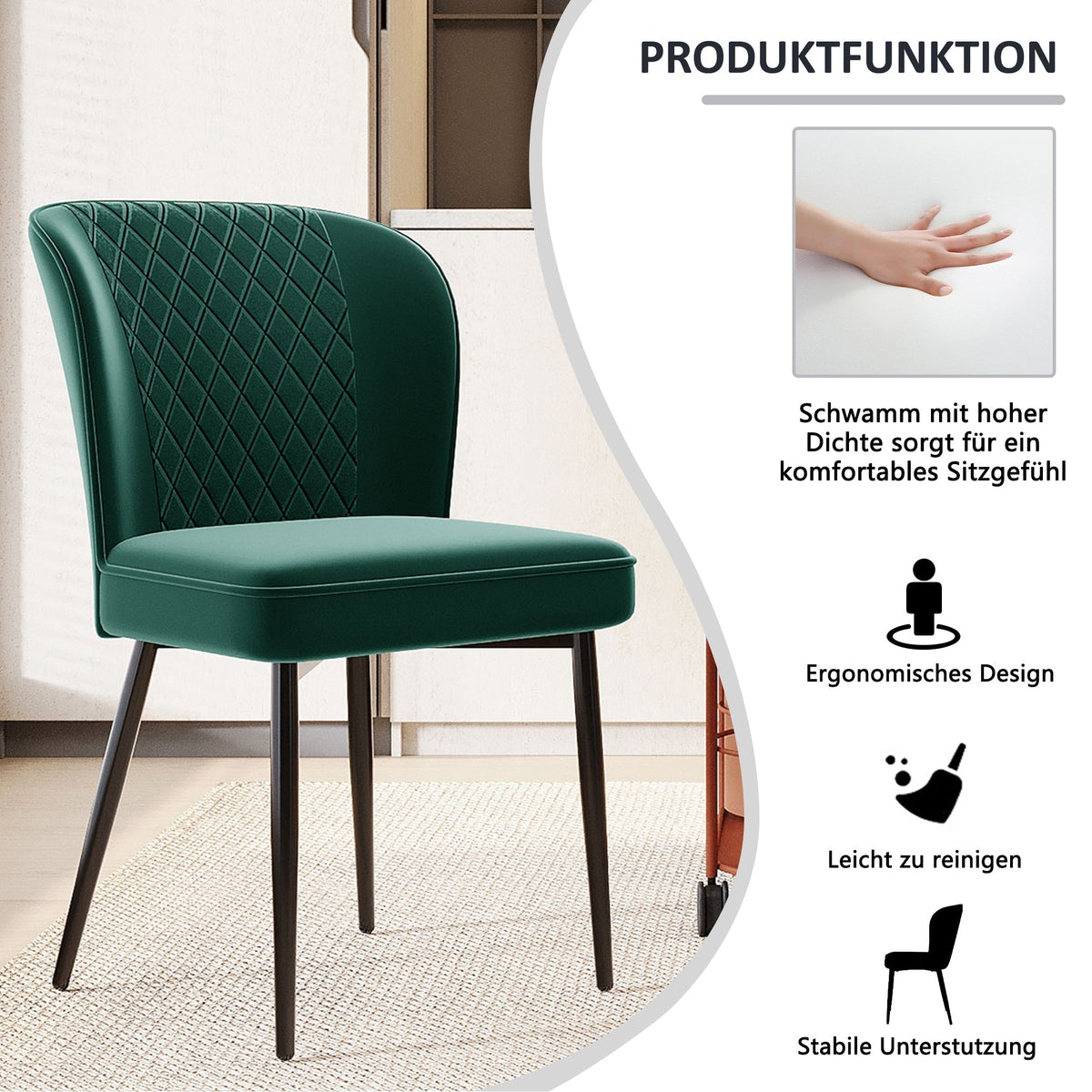 Dining Chair Set of 6 Upholstered Designer Metal Frame Dark Green Velvet