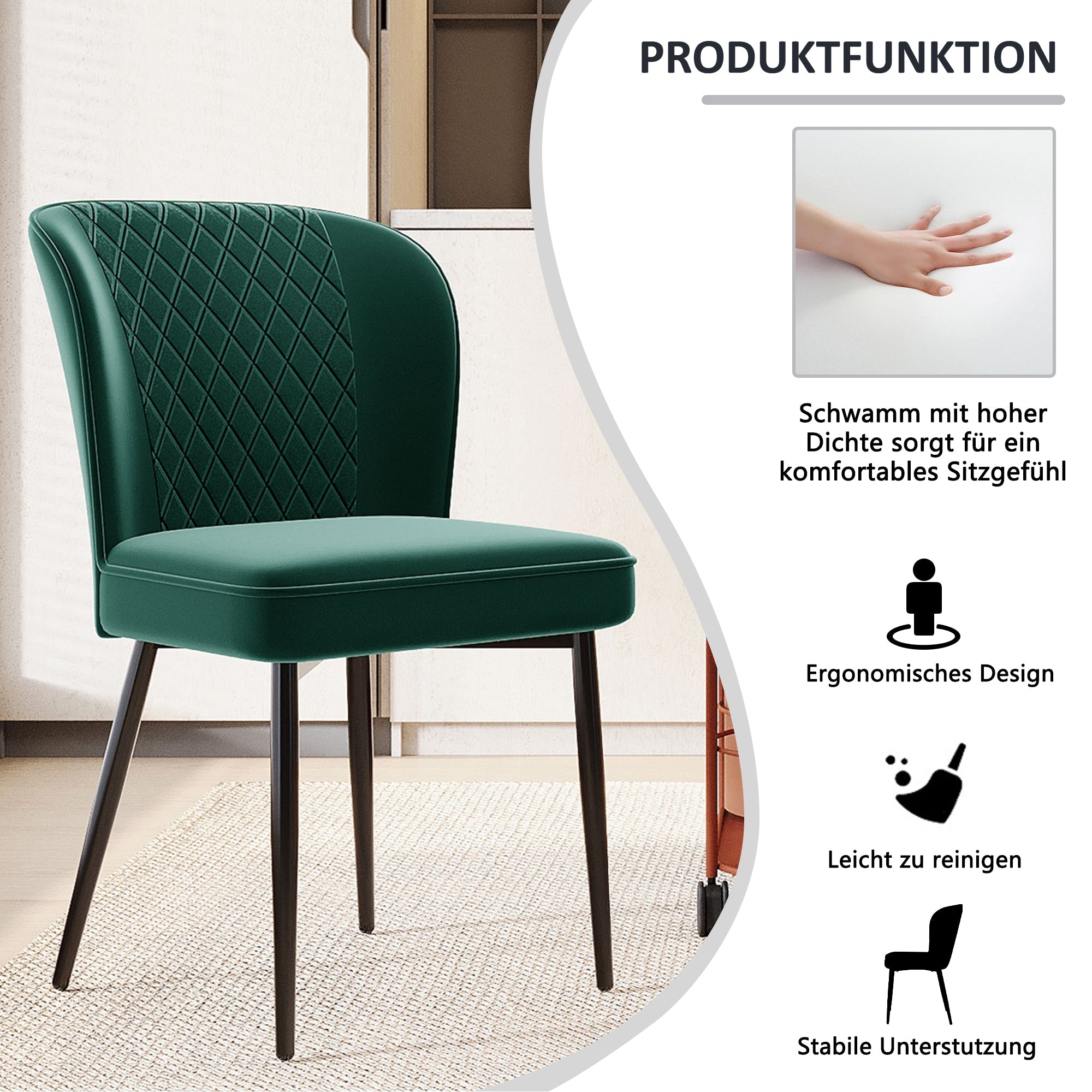 Dining Chair, Upholstered Velvet with Metal Frame, Dark Green (Set of 4)