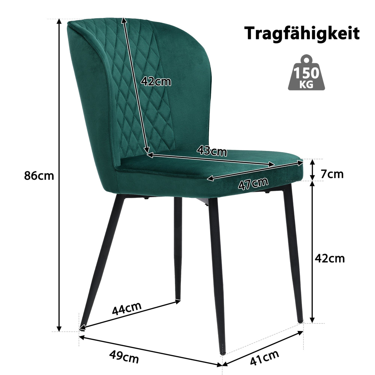 Dining Chair Set of 6 Upholstered Designer Metal Frame Dark Green Velvet