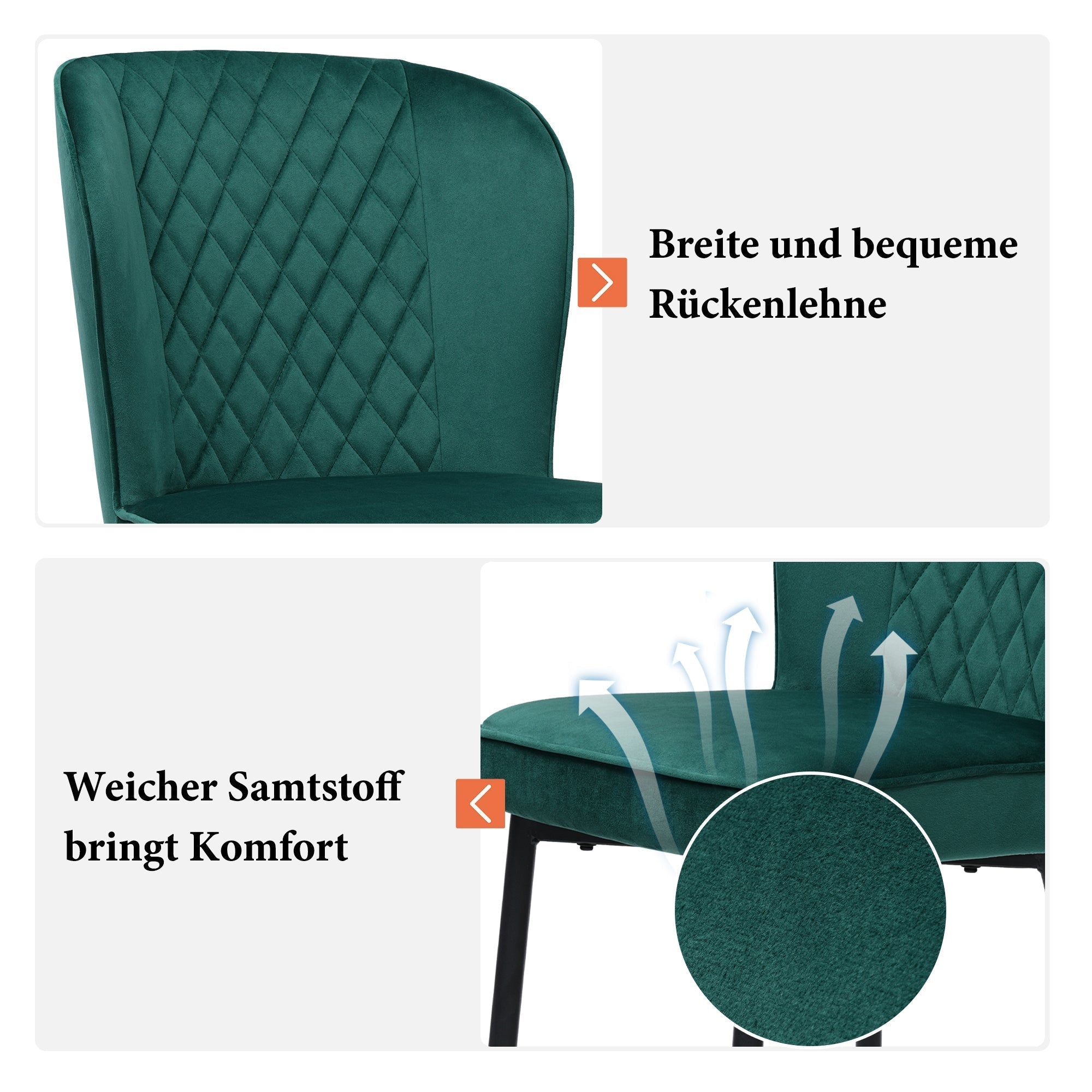 Dining Chairs Set of 2 Upholstered Velvet Seat Backrest Dark Green