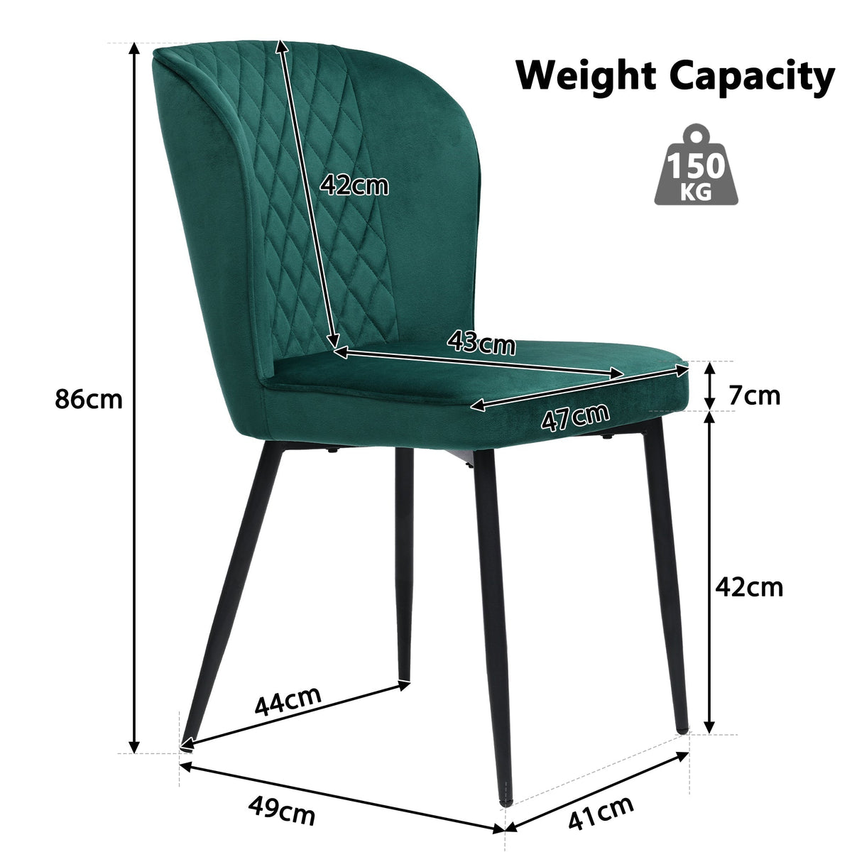 Dining Chair Set of 6 Upholstered Designer Metal Frame Dark Green Velvet
