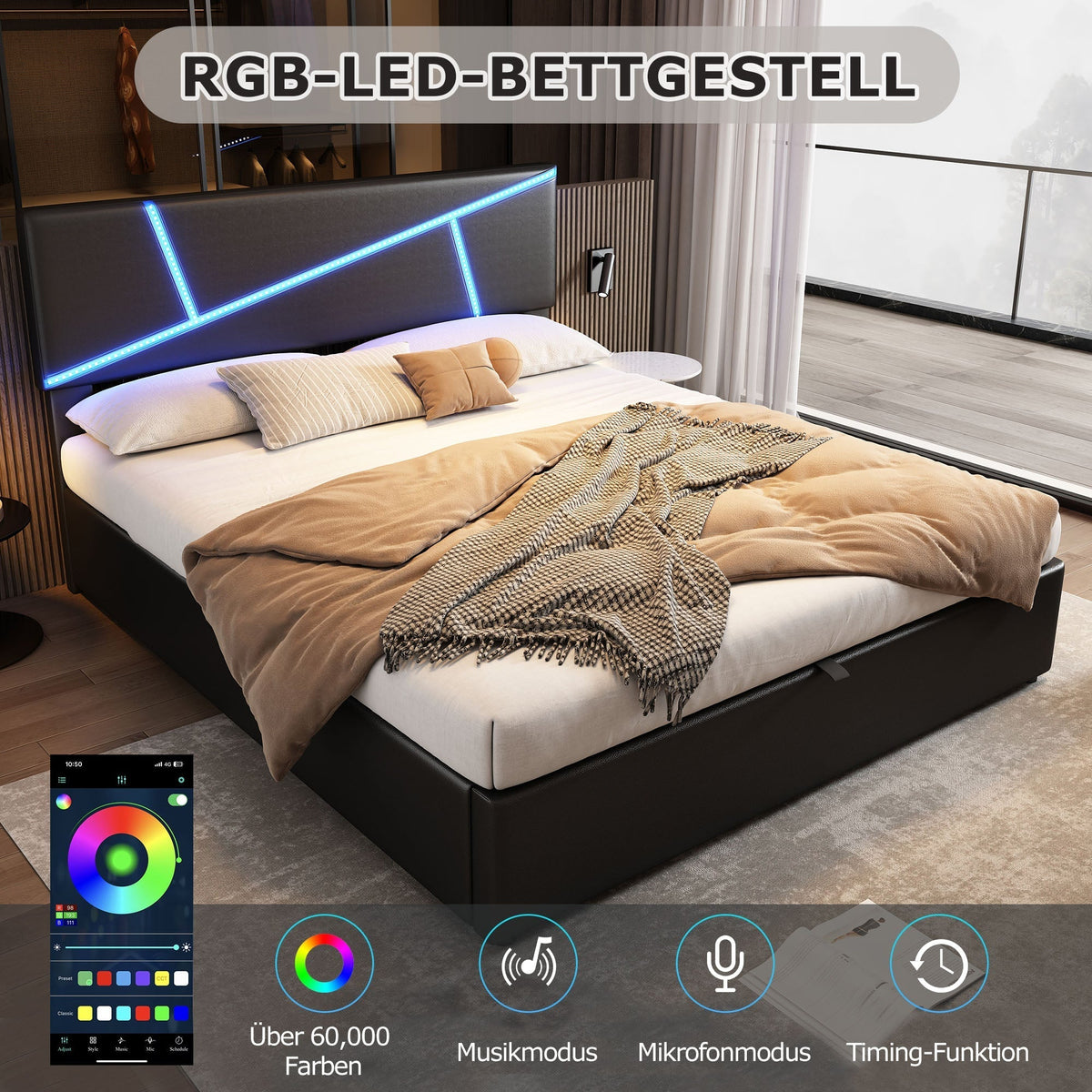 Upholstered Bed 140x200cm Double Hydraulic LED - Synthetic Leather Black